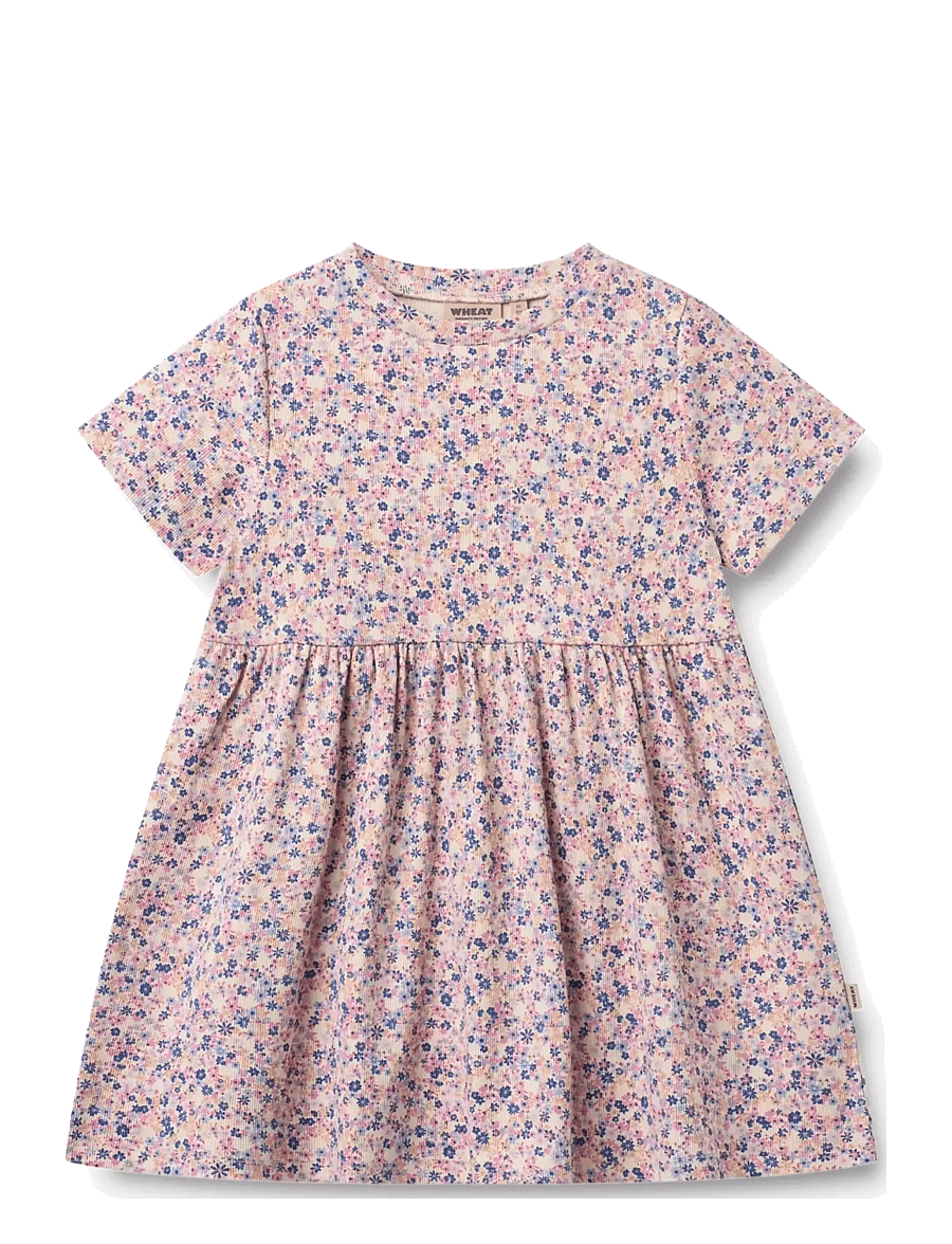 Wheat - Jersey Dress Anna - kurzärmelige freizeitkleider - pink blue flowers - 0