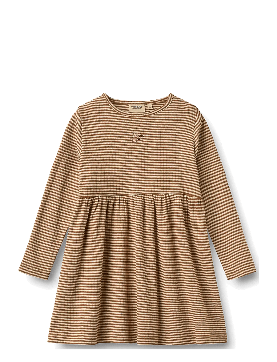 Wheat - Jersey Dress L/S embroidery Sessa - långärmade vardagsklänningar - warm hazel stripe - 0