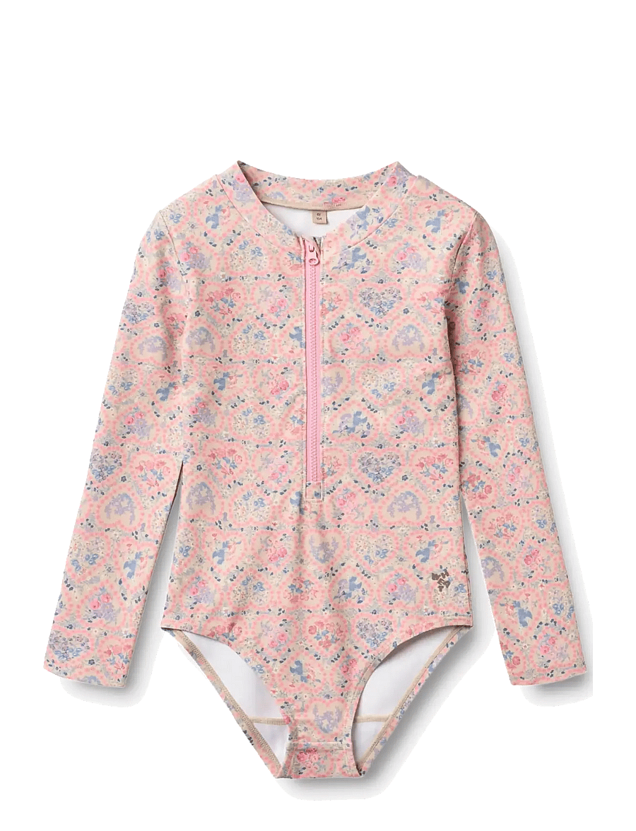 Wheat - Swimsuit L/S Margot - pink heart flowers - 1