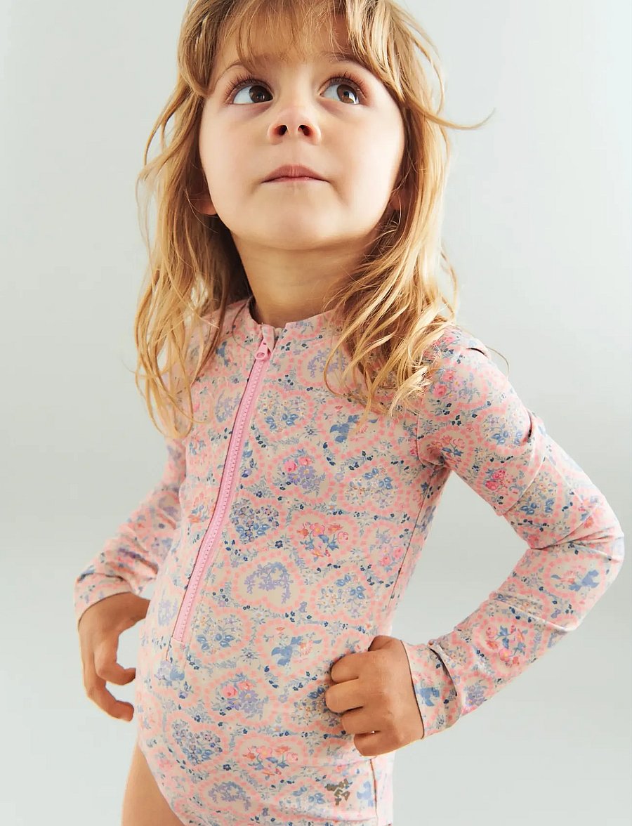 Wheat - Swimsuit L/S Margot - pink heart flowers - 0