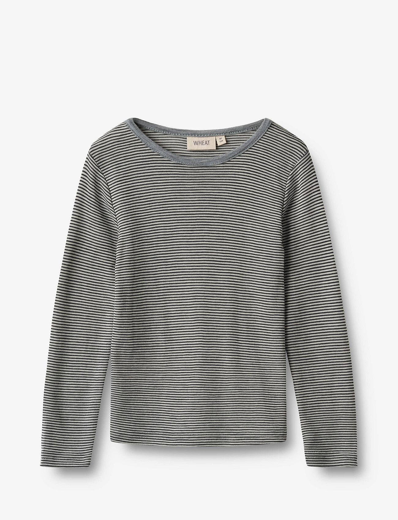Wheat - Wool T-Shirt L/S Alfie - long-sleeved t-shirts - navy stripe - 0
