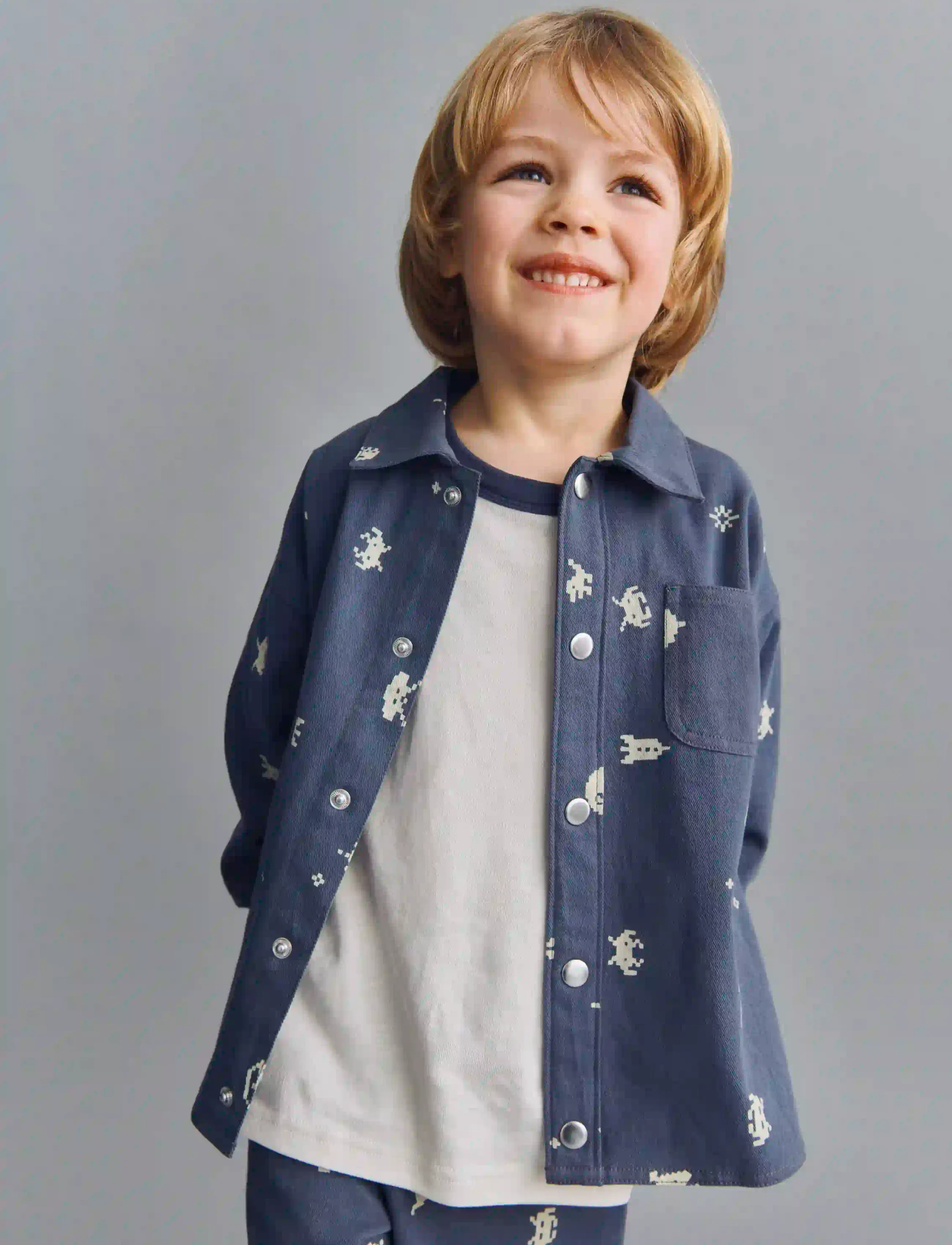 Wheat Overshirt L/S Marcel, Børn, Space Invaders Overshirt, Blå, Str: 152