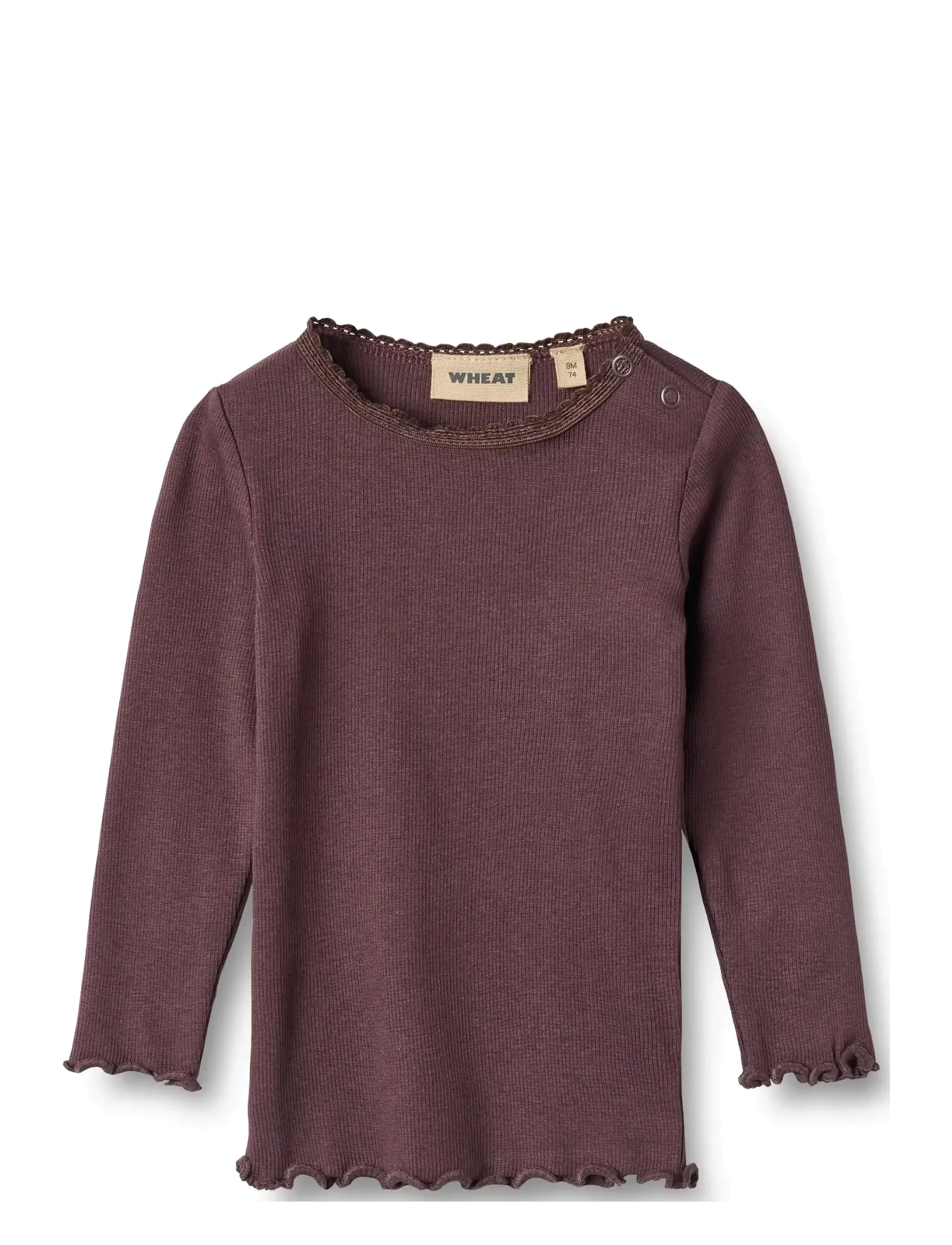 Wheat Rib T-Shirt L/S Reese, Børn, Ribbet Langærmet T-Shirt med Flæsekant, Lila, Str: 80