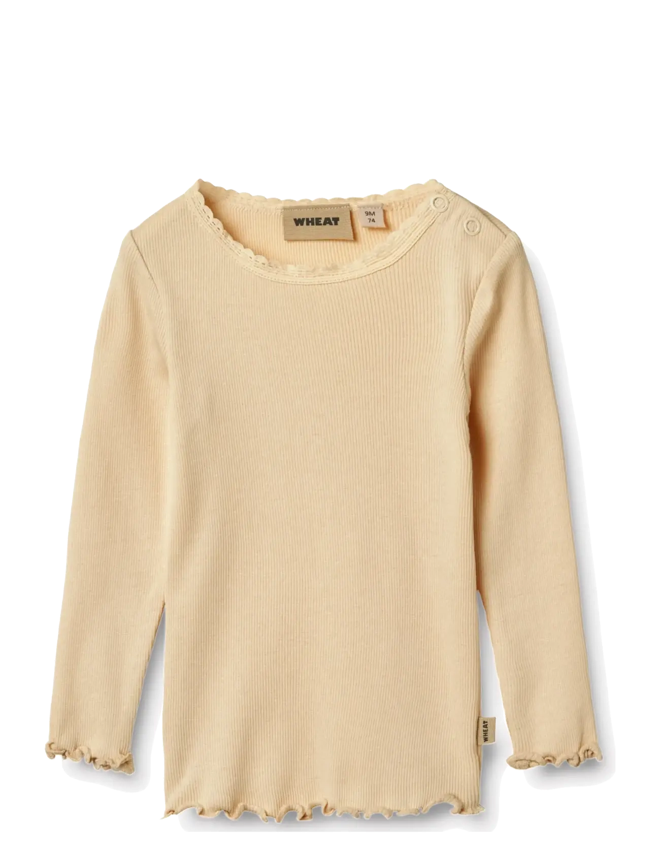 Wheat Rib T-Shirt L/S Reese, Børn, Ribbet Langærmet T-Shirt med Flæsekant, Cream, Str: 74