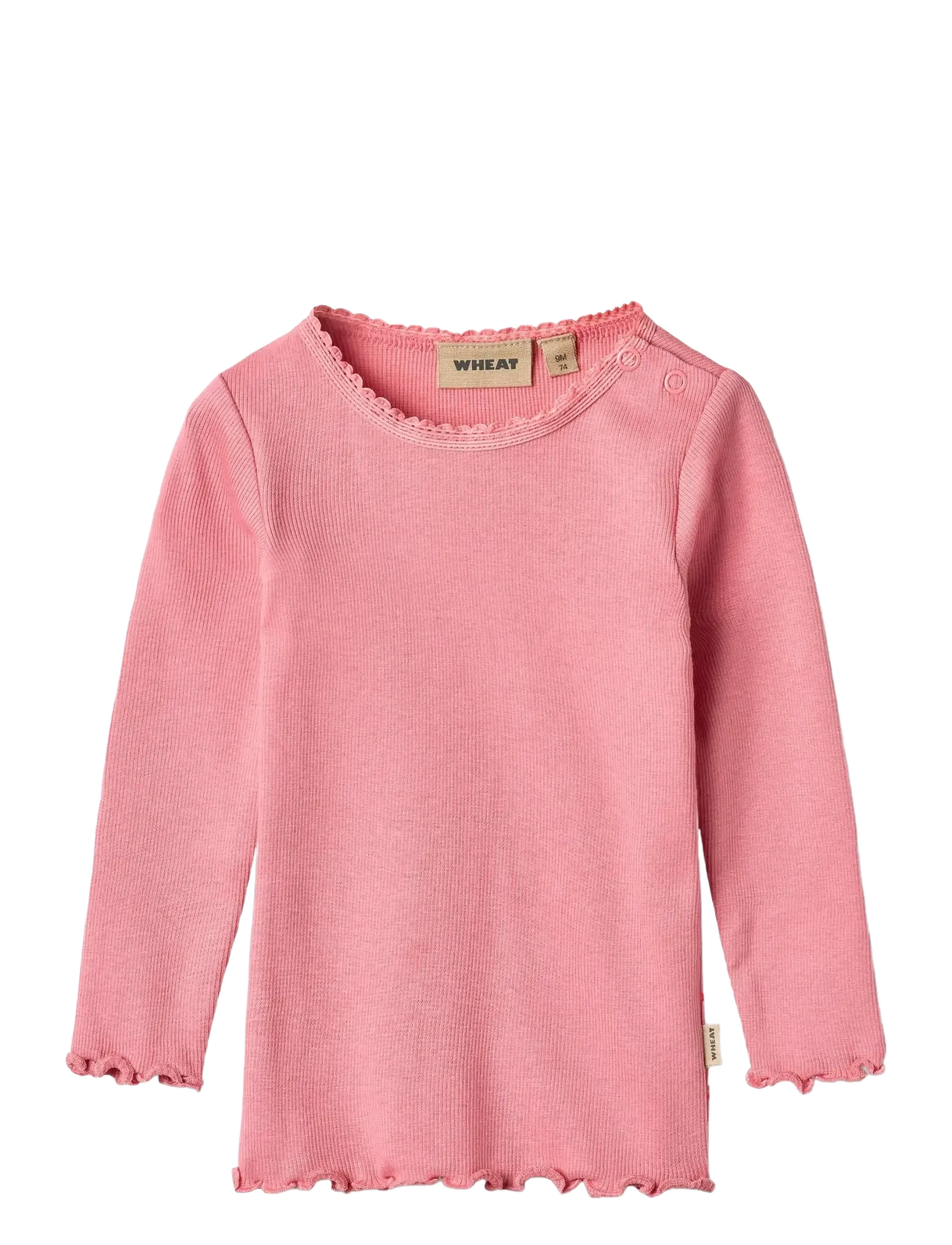 Wheat Rib T-Shirt L/S Reese, Ribbet Langærmet T-Shirt med Flæsekant, Pink, Str: 80