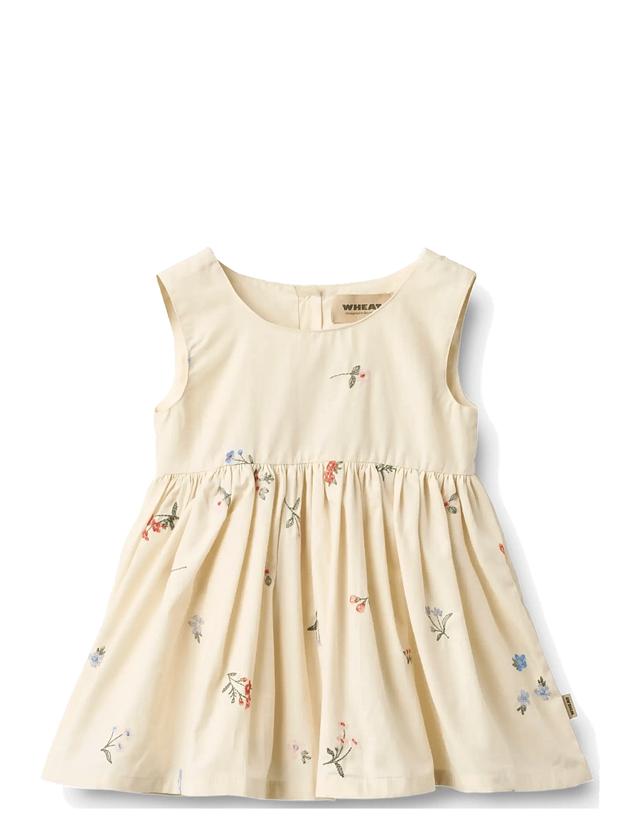 Wheat - Pinafore Wrinkle Sienna - barnakjólar - ivory embroidery flowers - 0