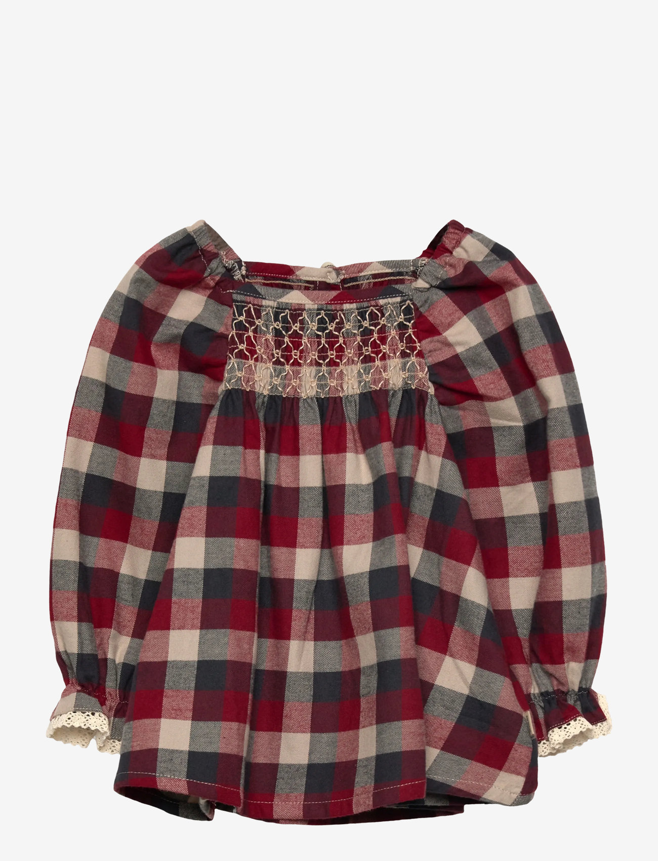 Wheat - Dress L/S Lace Bella - långärmade babyklänningar - red blue check - 0