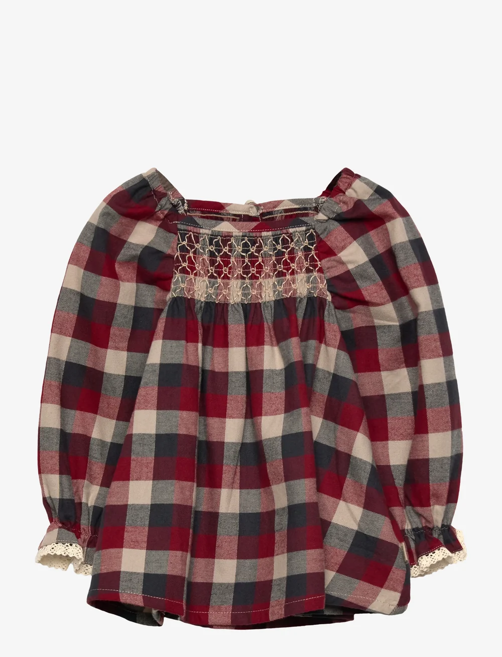 Wheat - Dress L/S Lace Bella - långärmade babyklänningar - red blue check - 0