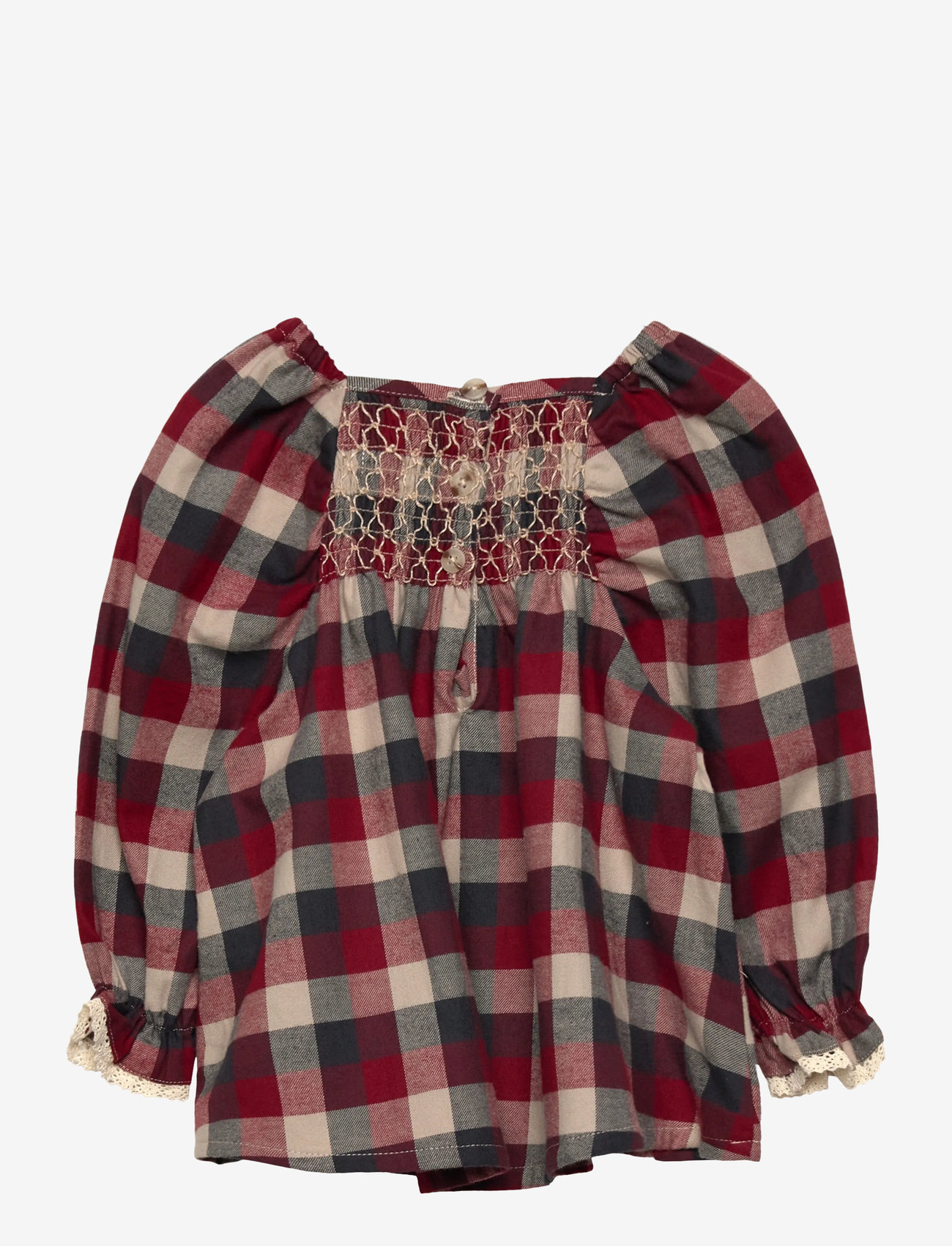 Wheat - Dress L/S Lace Bella - långärmade babyklänningar - red blue check - 1