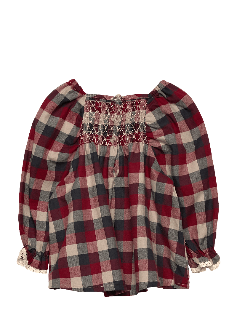 Wheat - Dress L/S Lace Bella - långärmade babyklänningar - red blue check - 1