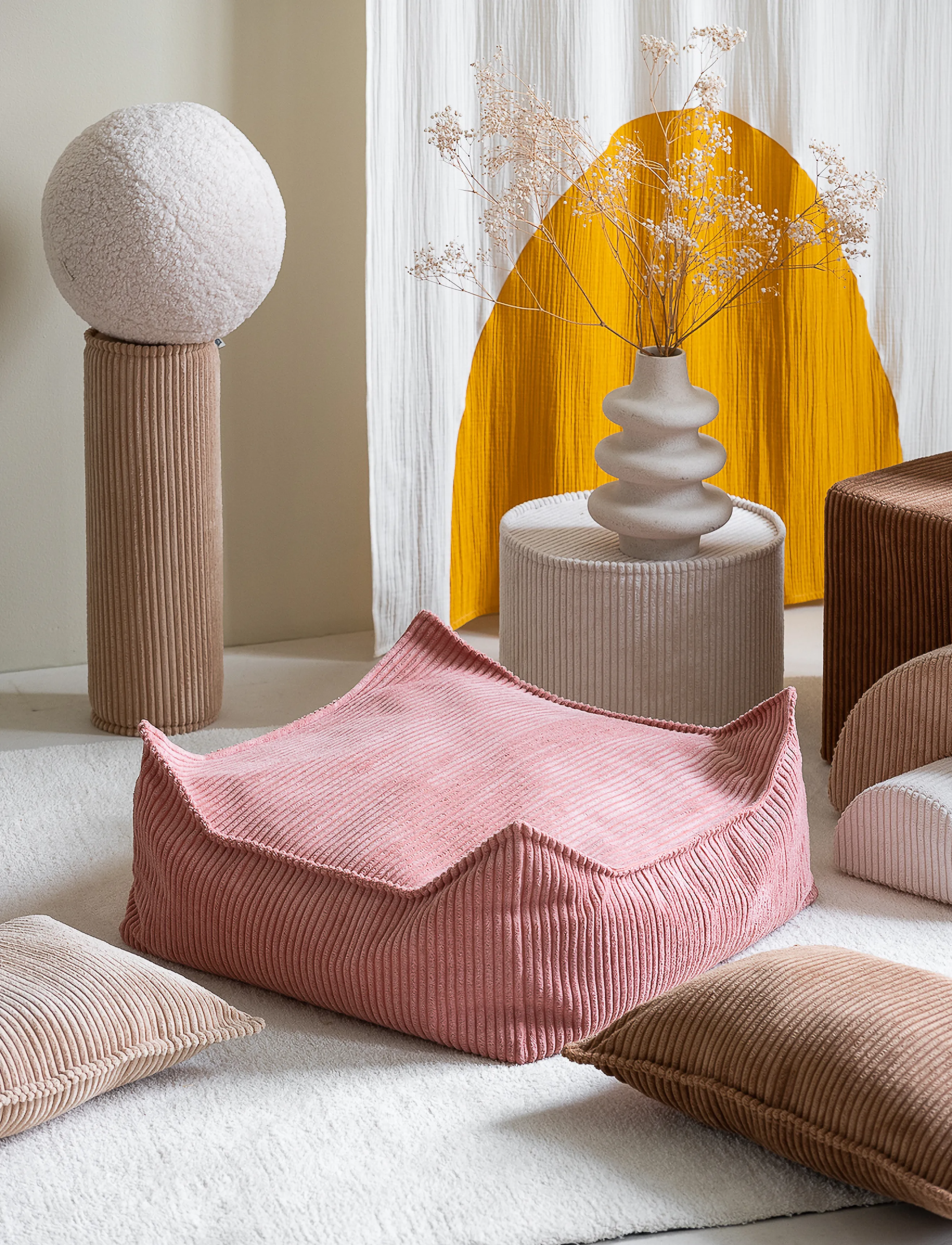 Wigiwama Square Ottoman Corduroy, 60X 20 cm, Furniture, Rosa - Pouffes, Kinder