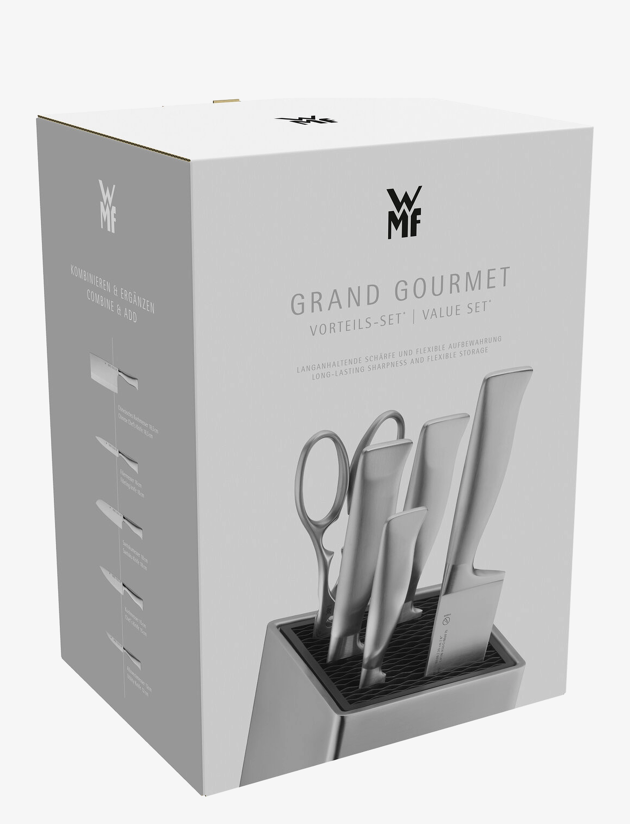 WMF - Grand Gourmet knife FlexTec block w. 4 knives (bread/chef/carving/veg.) + scissors - cromargan - 1