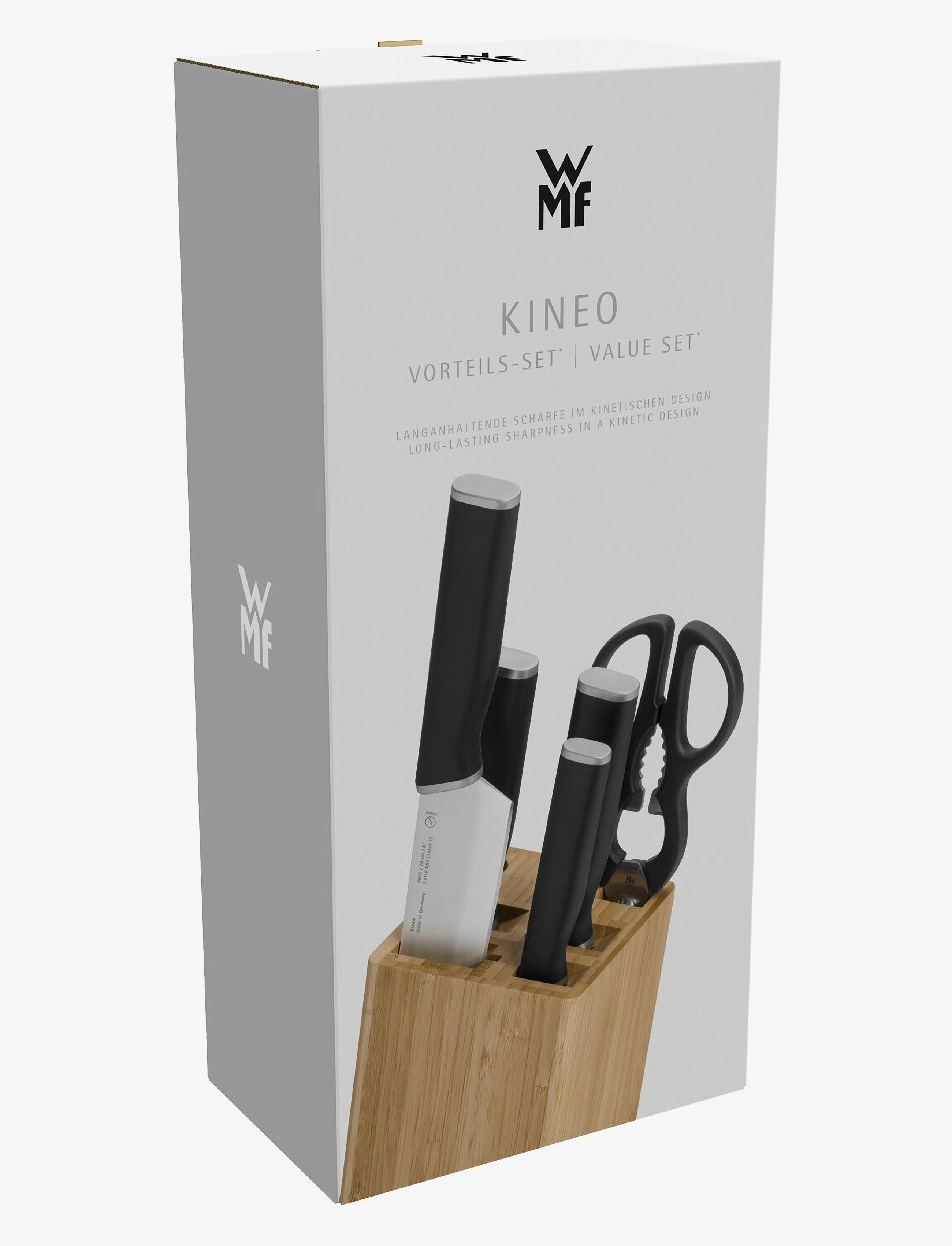 WMF - Kineo knife block w. 4 knives (bread/chef/carving/veg.) + scissors - cromargan - 1