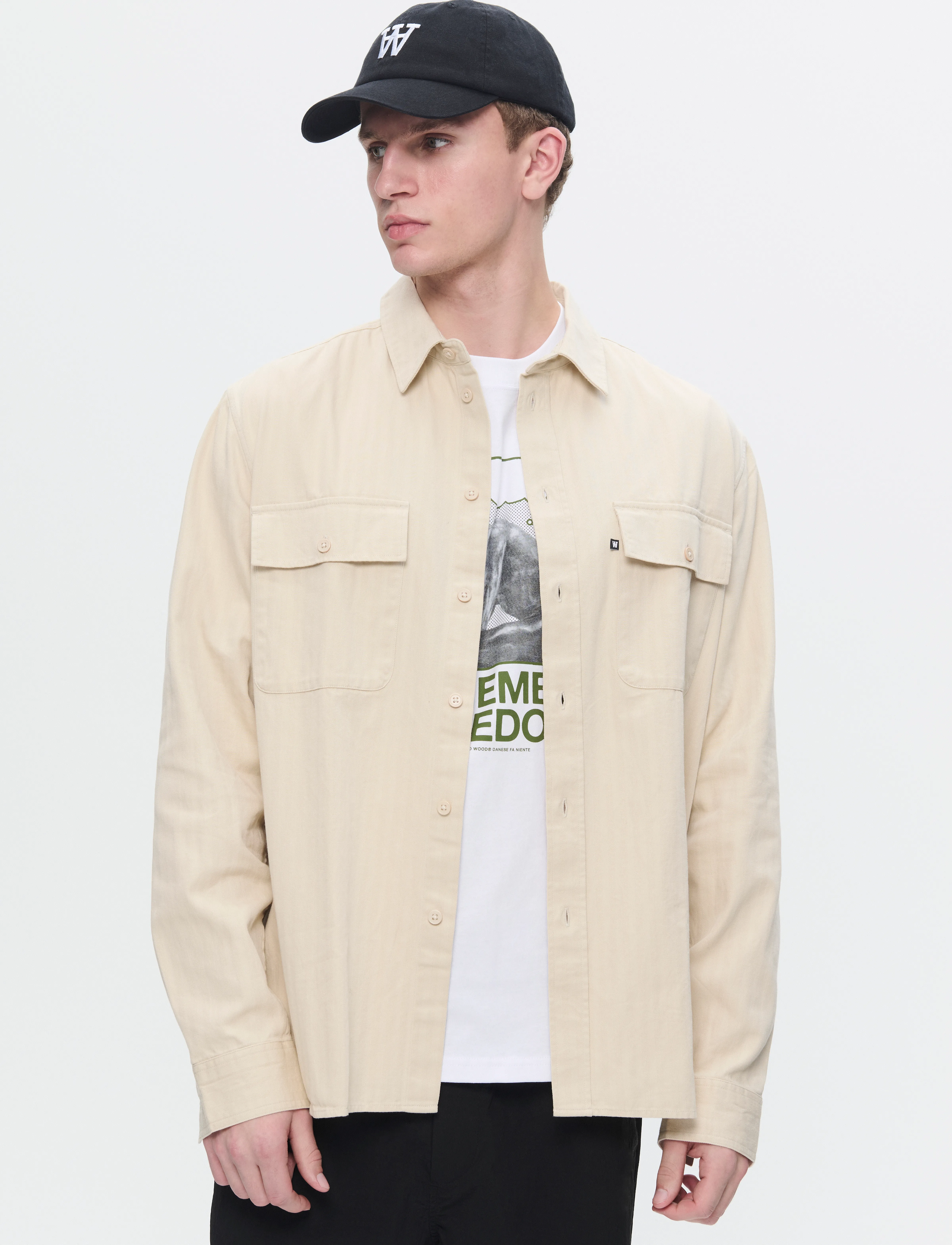 WOOD WOOD - WWAxl Herringbone Shirt - rennot kauluspaidat - sand grey - 0