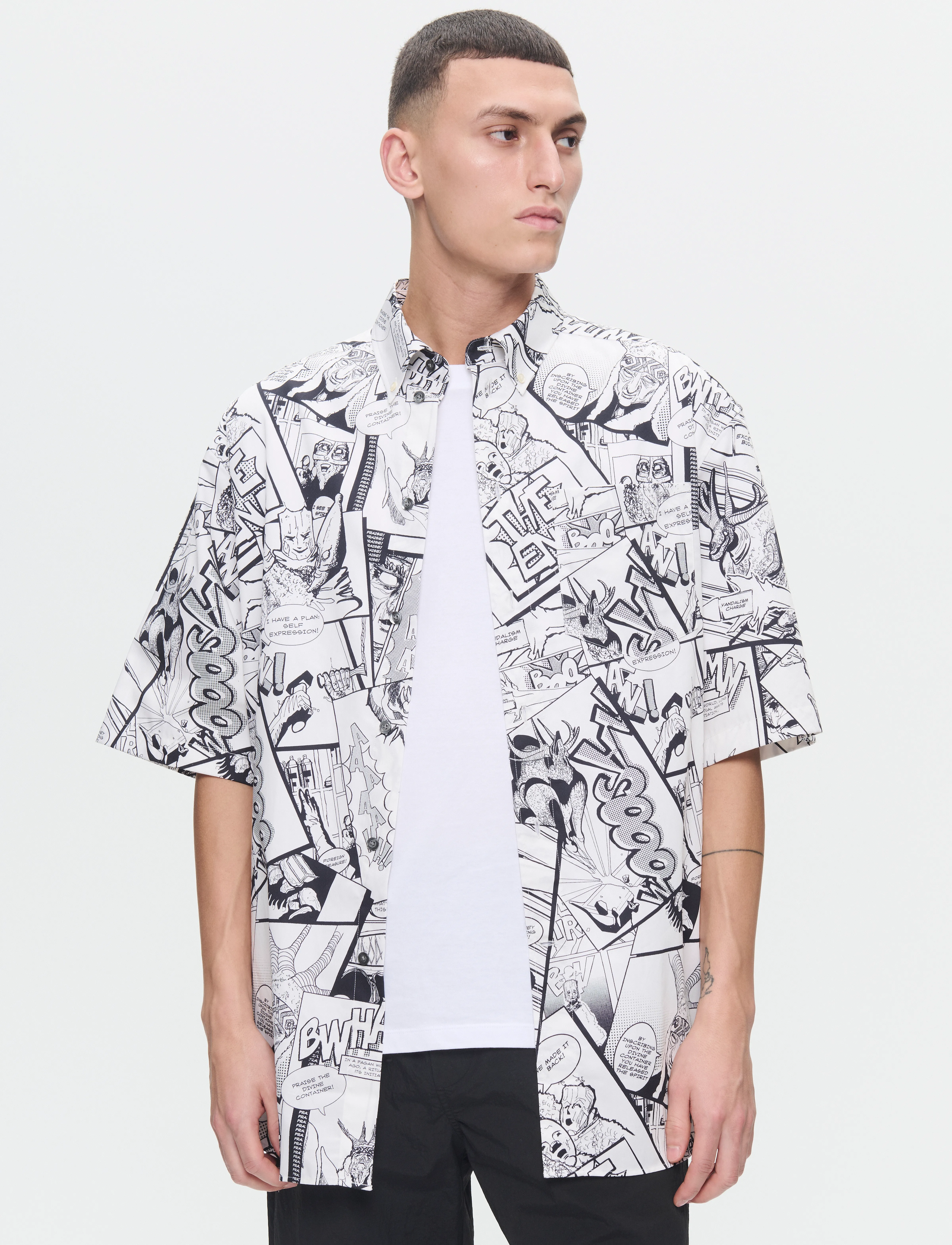 WOOD Wwaaron Ss Shirt Aop, S, Shirts, Weiß - Short-sleeved Männerswear