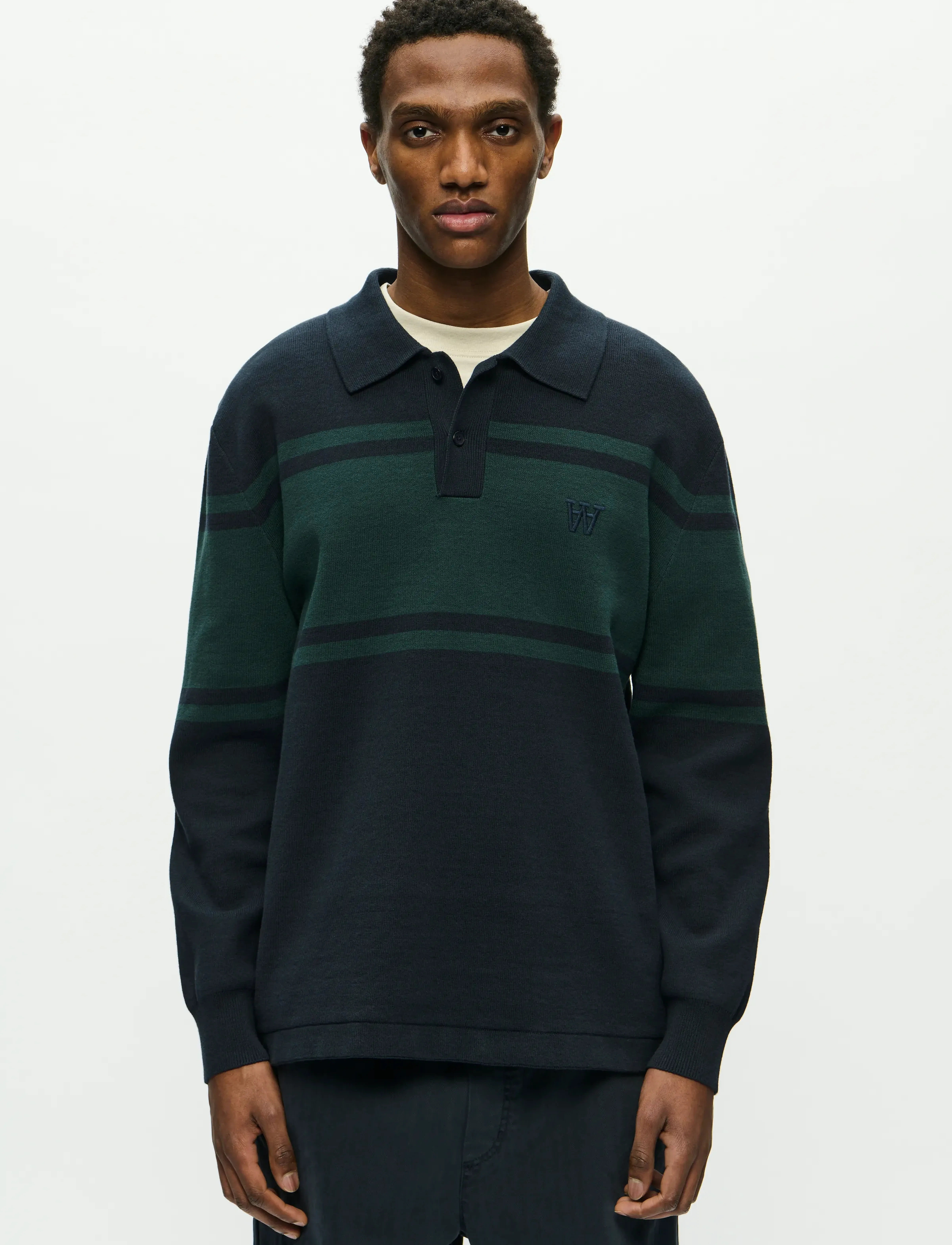 WOOD WOOD Wwcurt Polo 25212, Mænd, Stribet Langærmet Poloshirt, Navy, Str: S