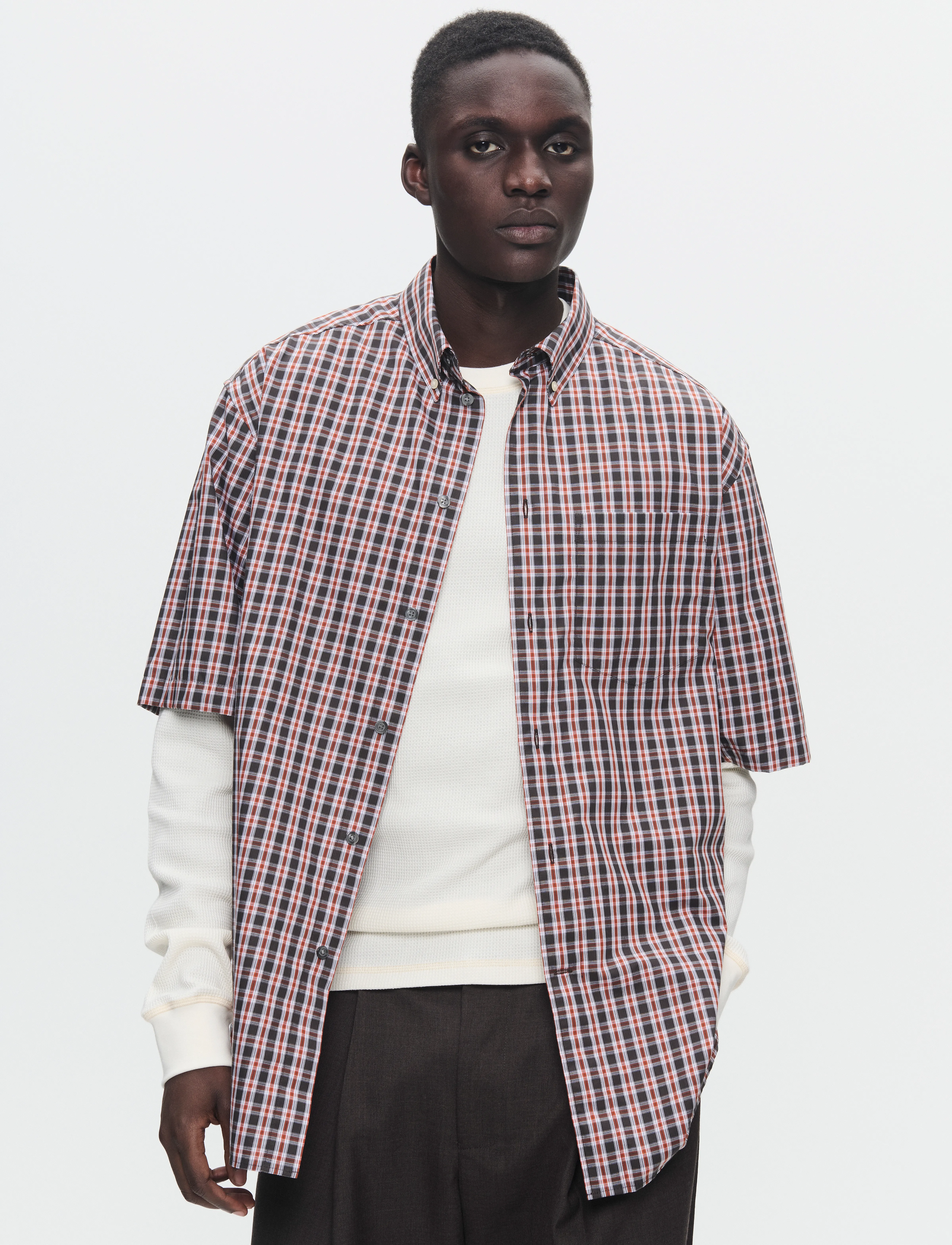 WOOD Wwaaron Ss Shirt Check, L, Shirts, Burgunderrot - Short-sleeved Männerswear