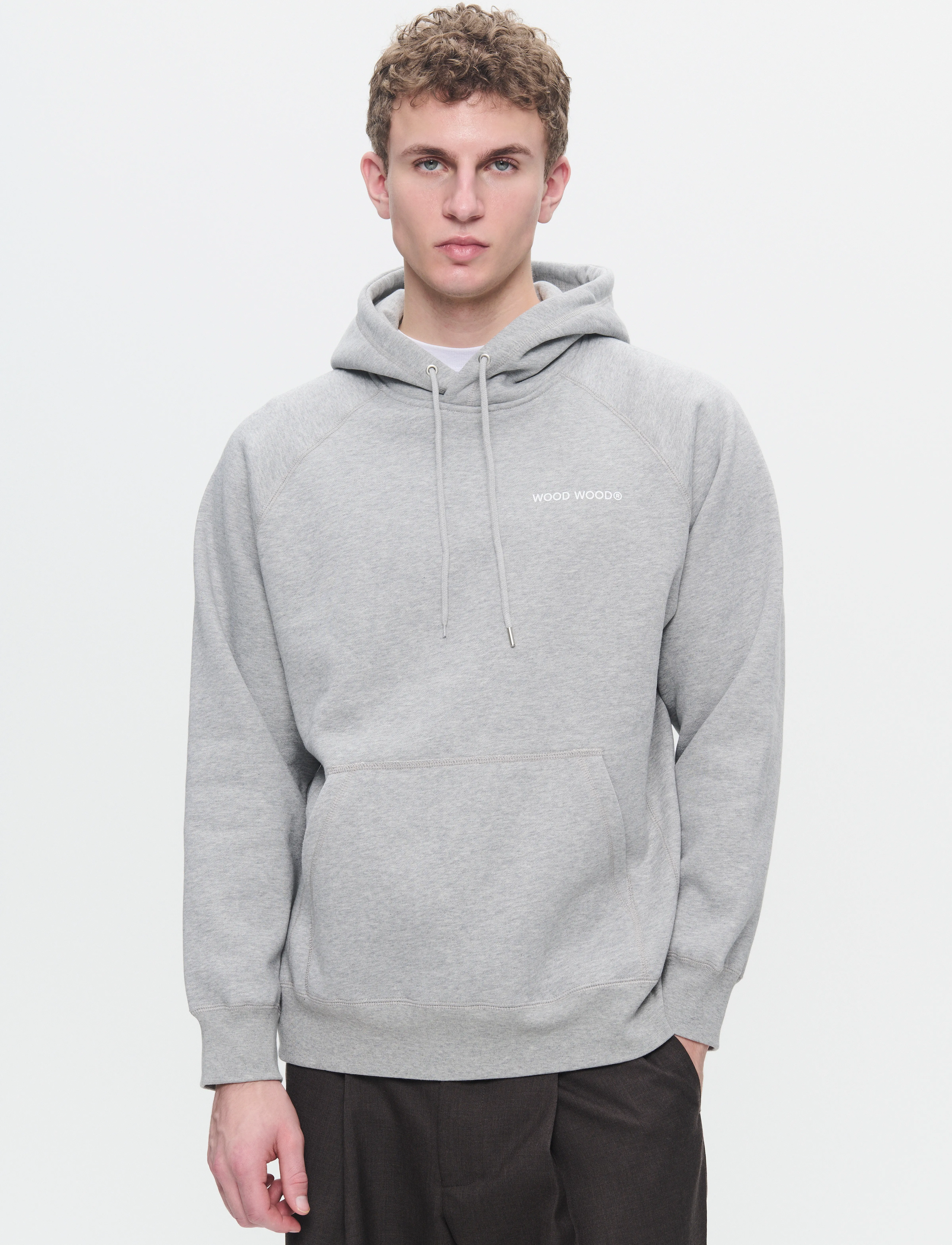 WOOD Wwfred Hoodie Chest Print, L, Sweatshirts & Hoodies, Grau - Männerswear