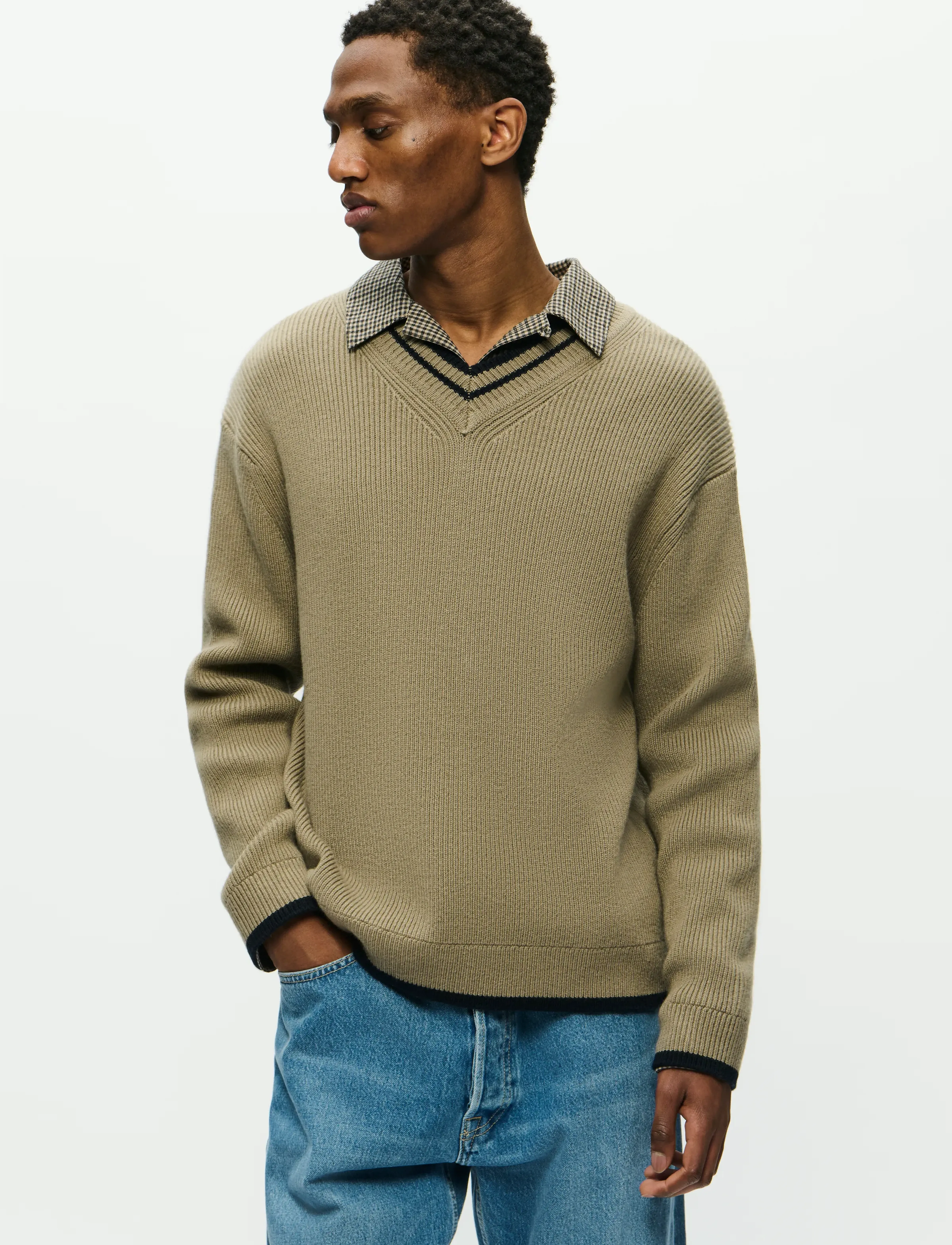 WOOD WOOD Wwcobek V-Neck 25193, M, Khaki green, Strik > V-Halse, Herre
