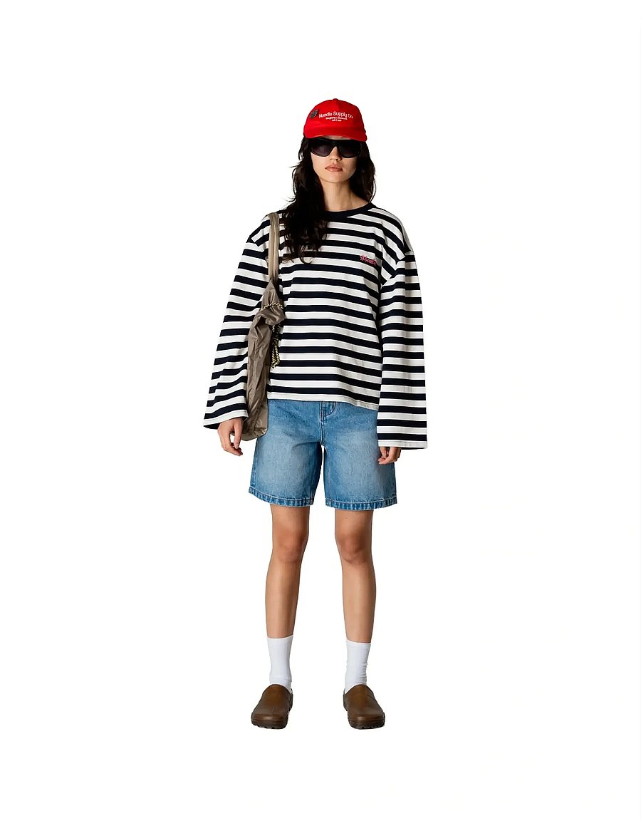 Woodbird - WBJoul Wide Sleeve Stripe Tee - långärmade toppar - navy-white - 0
