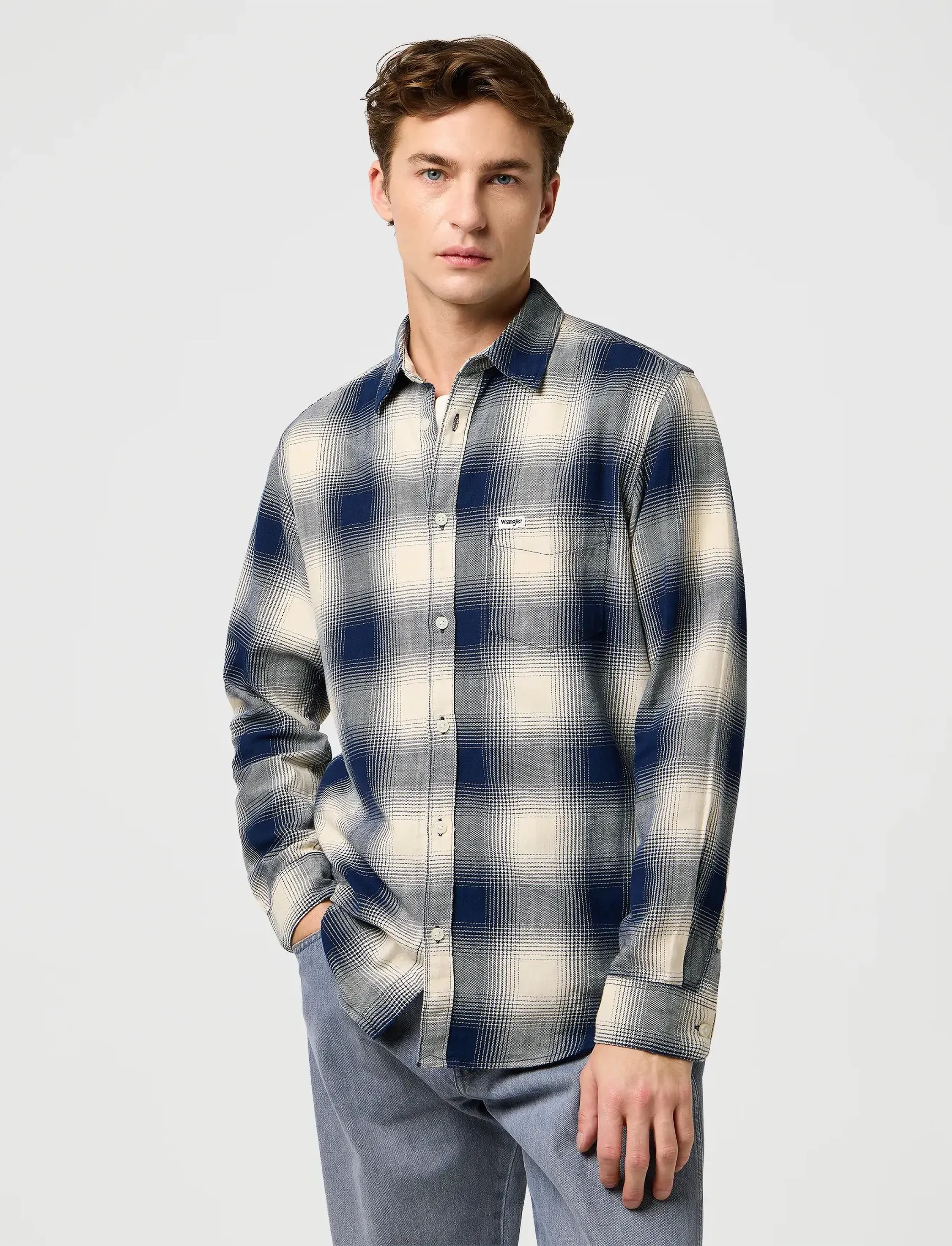 Wrangler 1 Pkt Indigo Shirt, S, Cream, Shirts > Checkered Shirt, Herre
