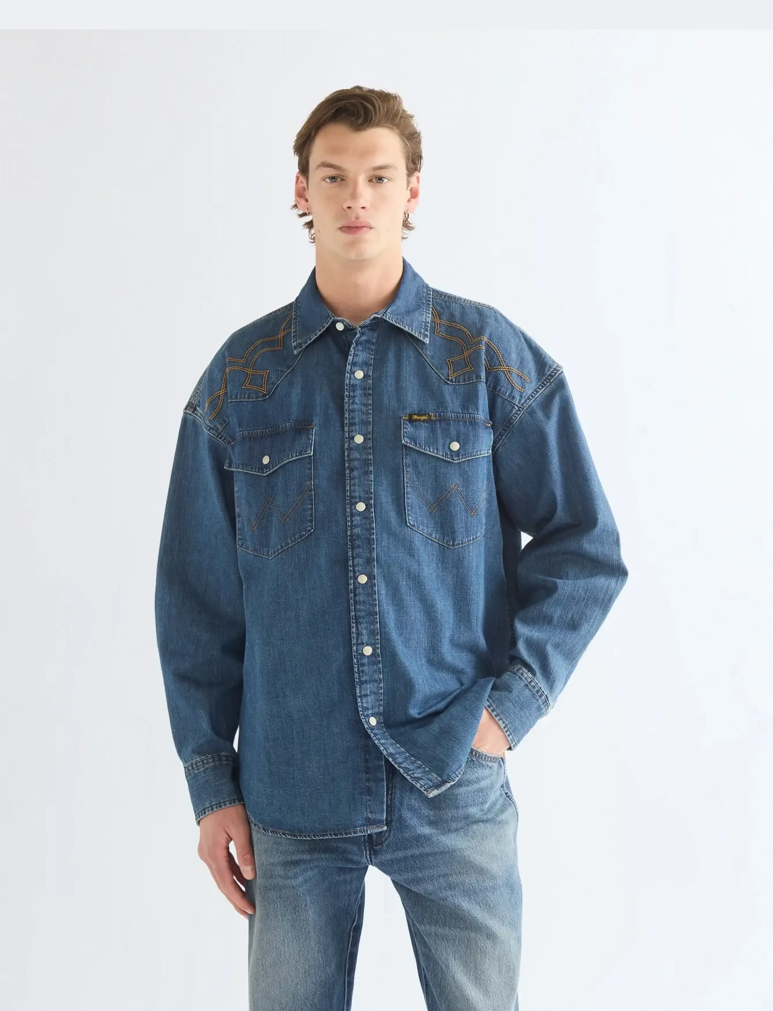 Wrangler Western Shirt, M, Shirts, Blau - Denim Männerswear