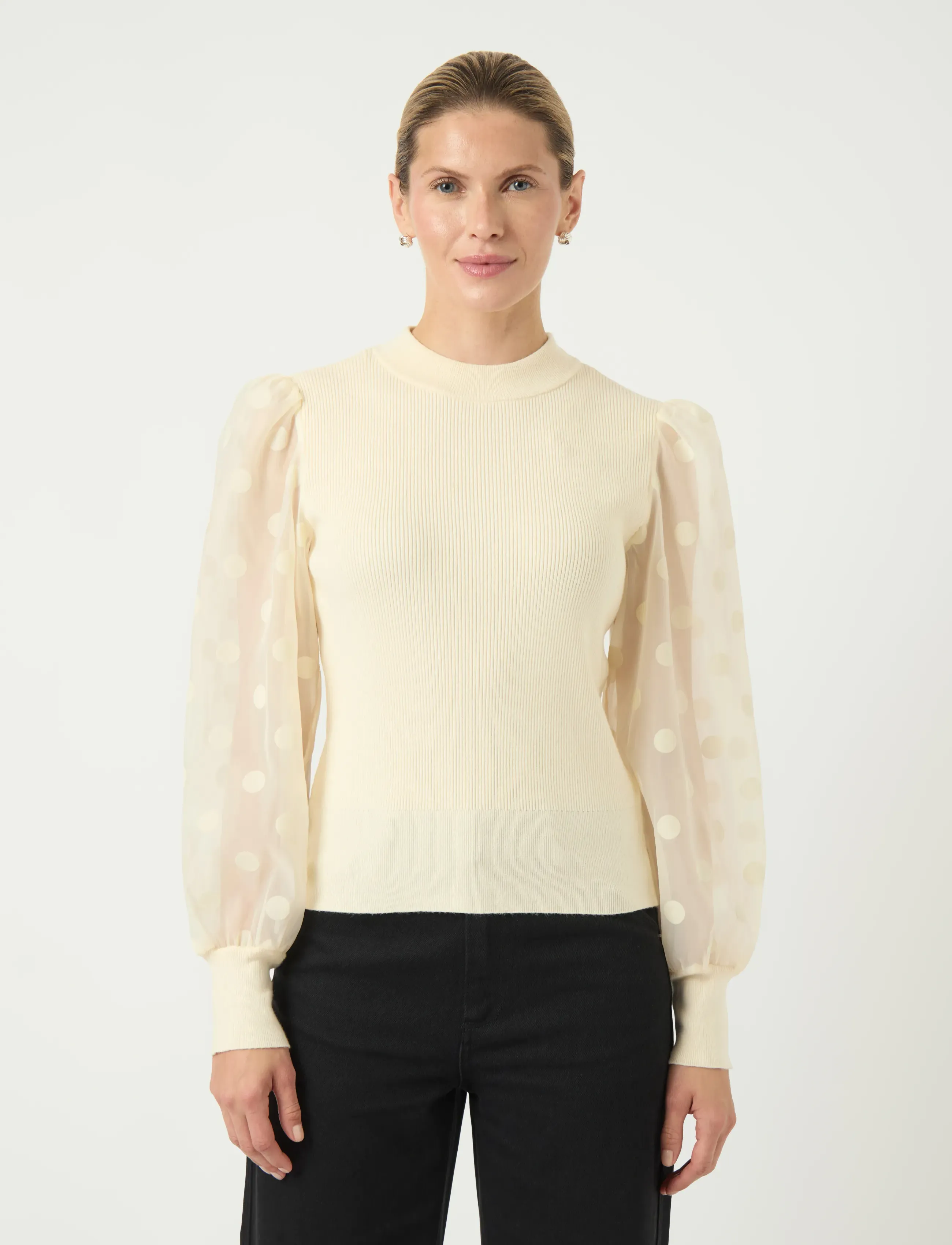 YAS dotme Ls Knit Pullover S. Noos, Kvinder, Ribstrikket Pullover Med Prikkede Puffærmer, Cream, Str: S