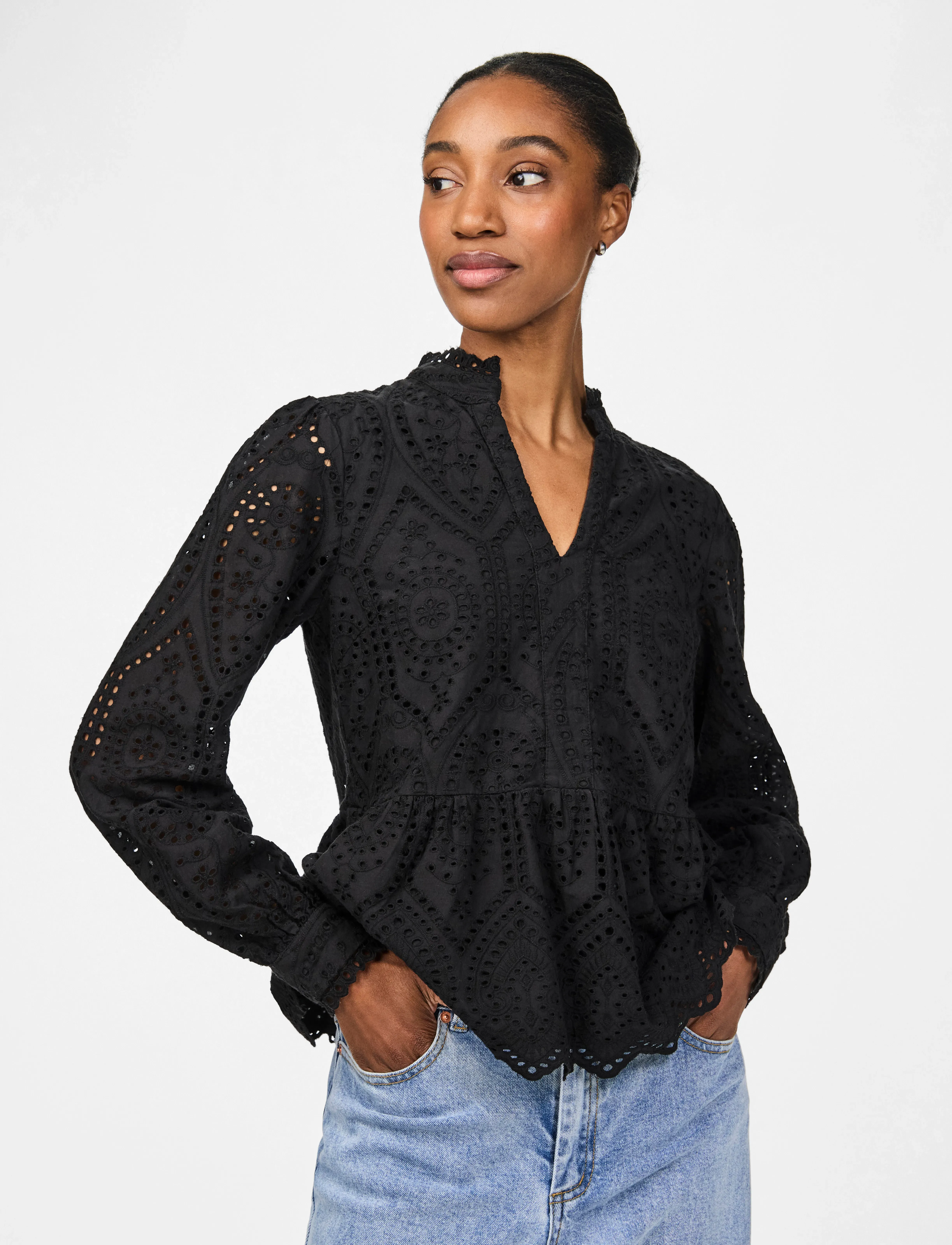 YAS holi Ls Top S. Noos, Kvinder, Broderie Anglaise Peplum Bluse, Sort, Str: S