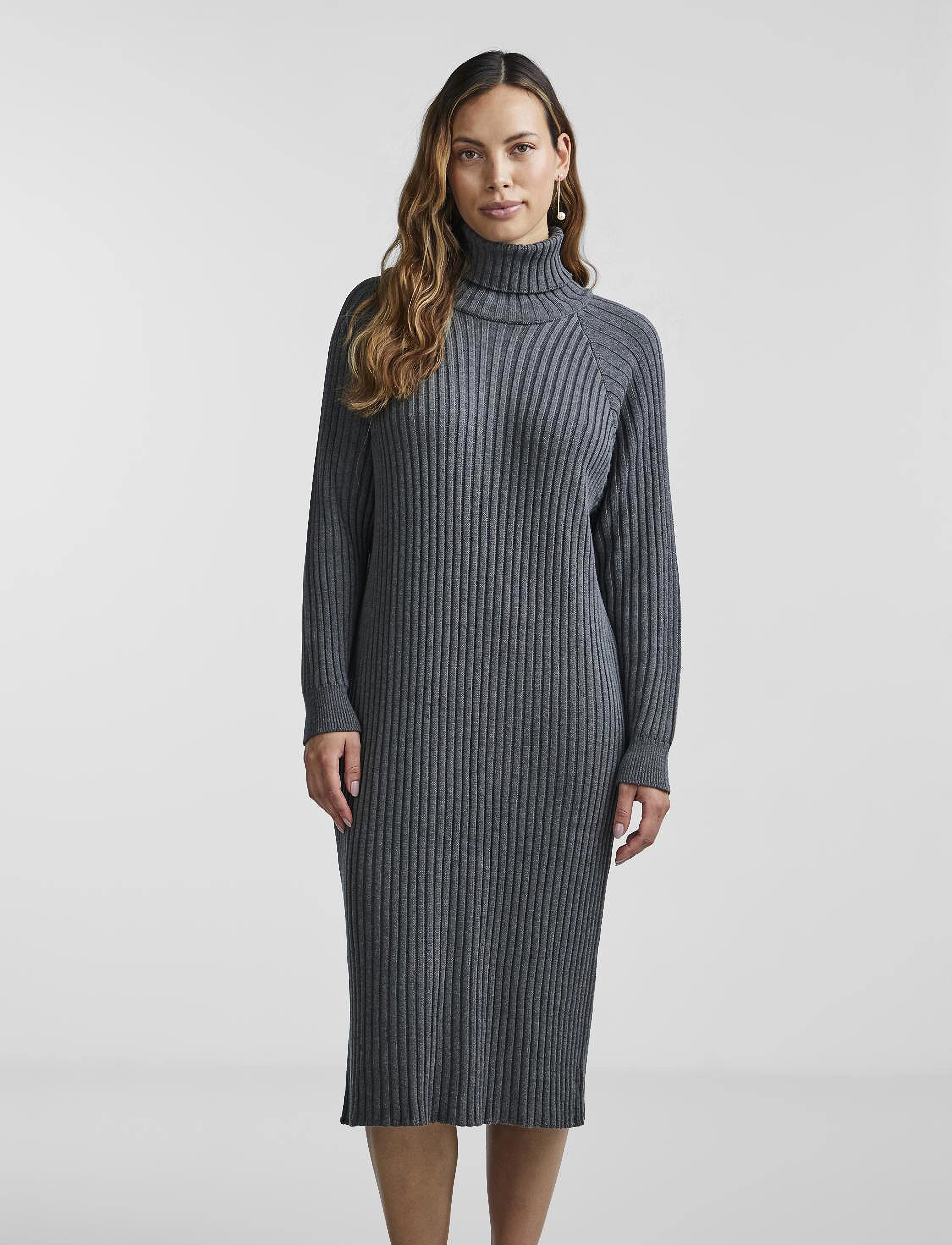 YAS YASMAVI KNIT MIDI ROLLNECK DRESS NOOS - Kleider - MEDIUM GREY MELANGE / grey