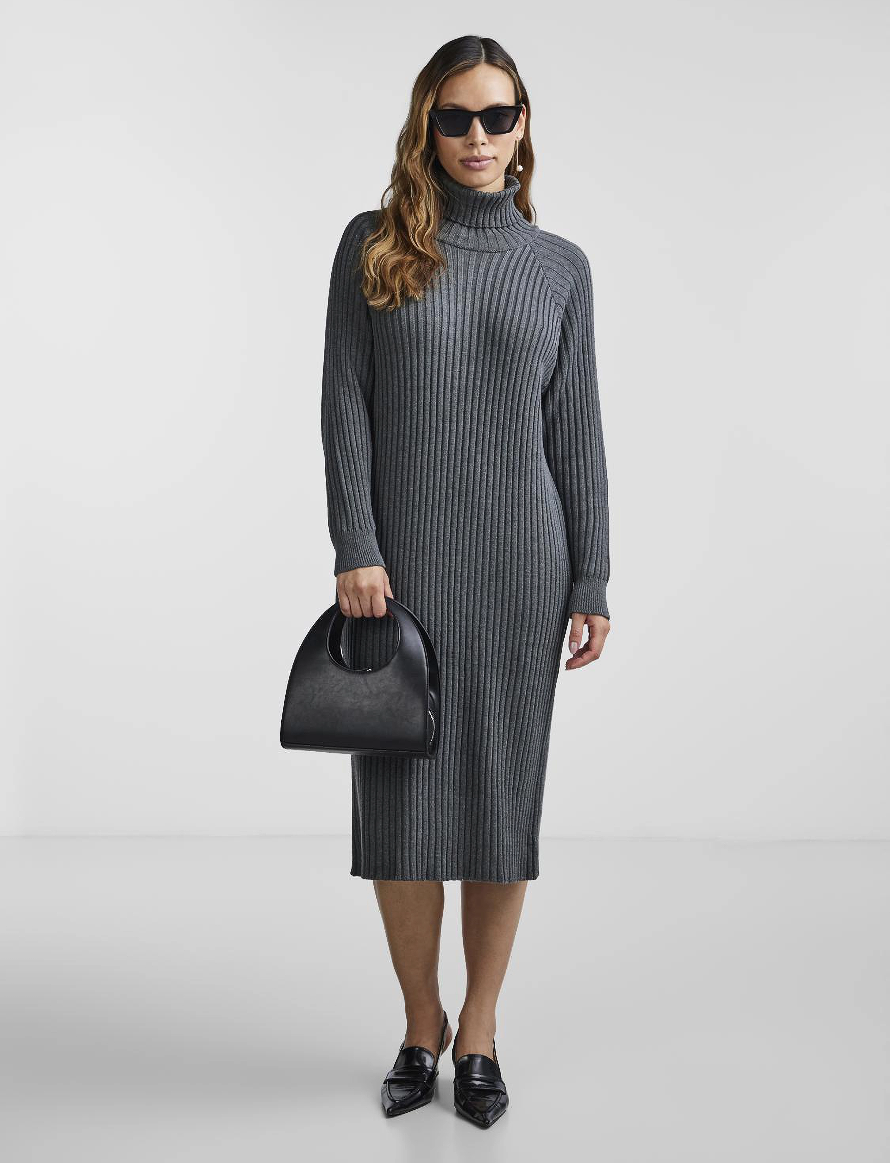 YAS - YASMAVI KNIT MIDI ROLLNECK DRESS S. - strickkleider - medium grey melange - 4