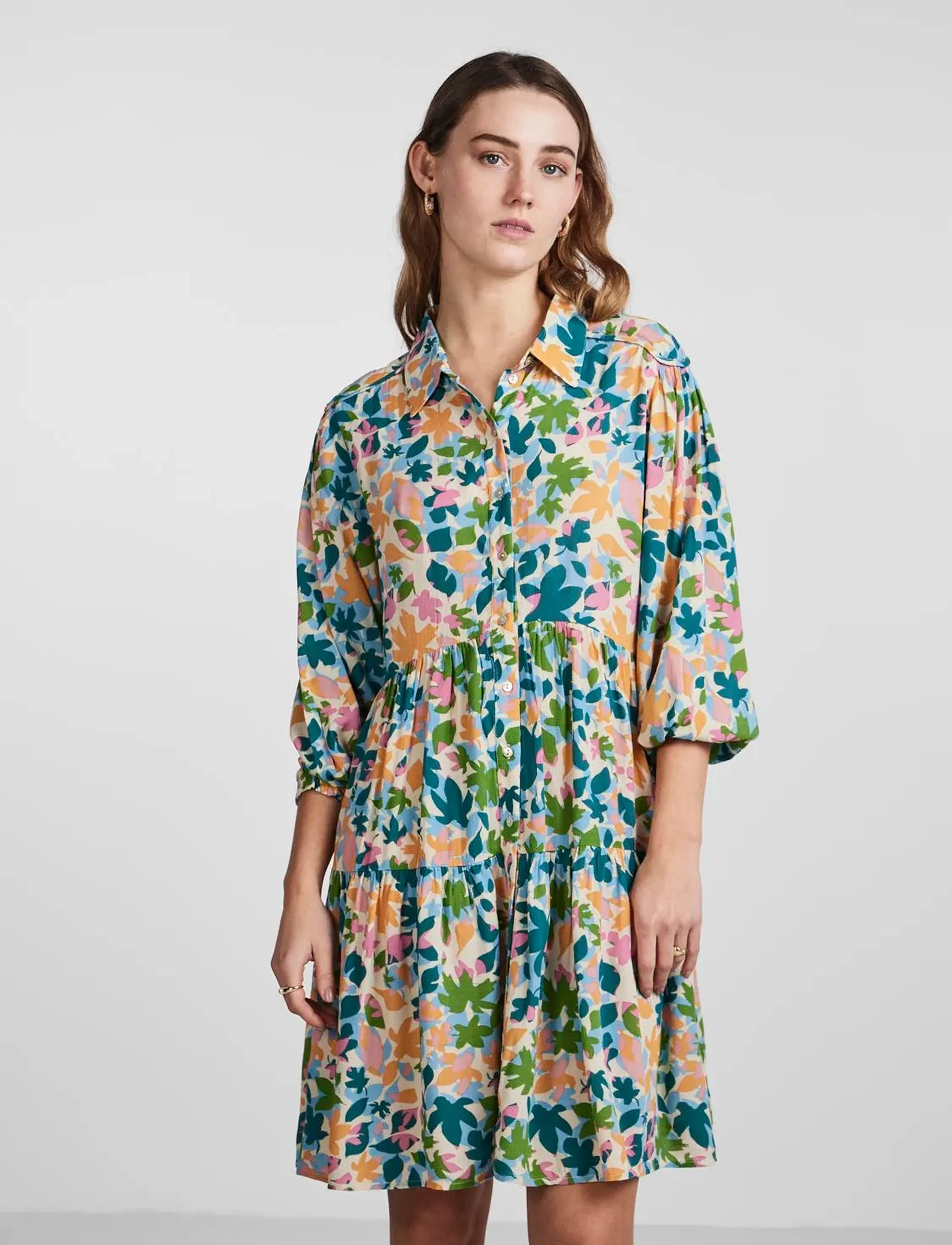 YAS YASLEAFA 3/4 SHIRT DRESS S. - Skjortklänningar - SOFT PINK / multi