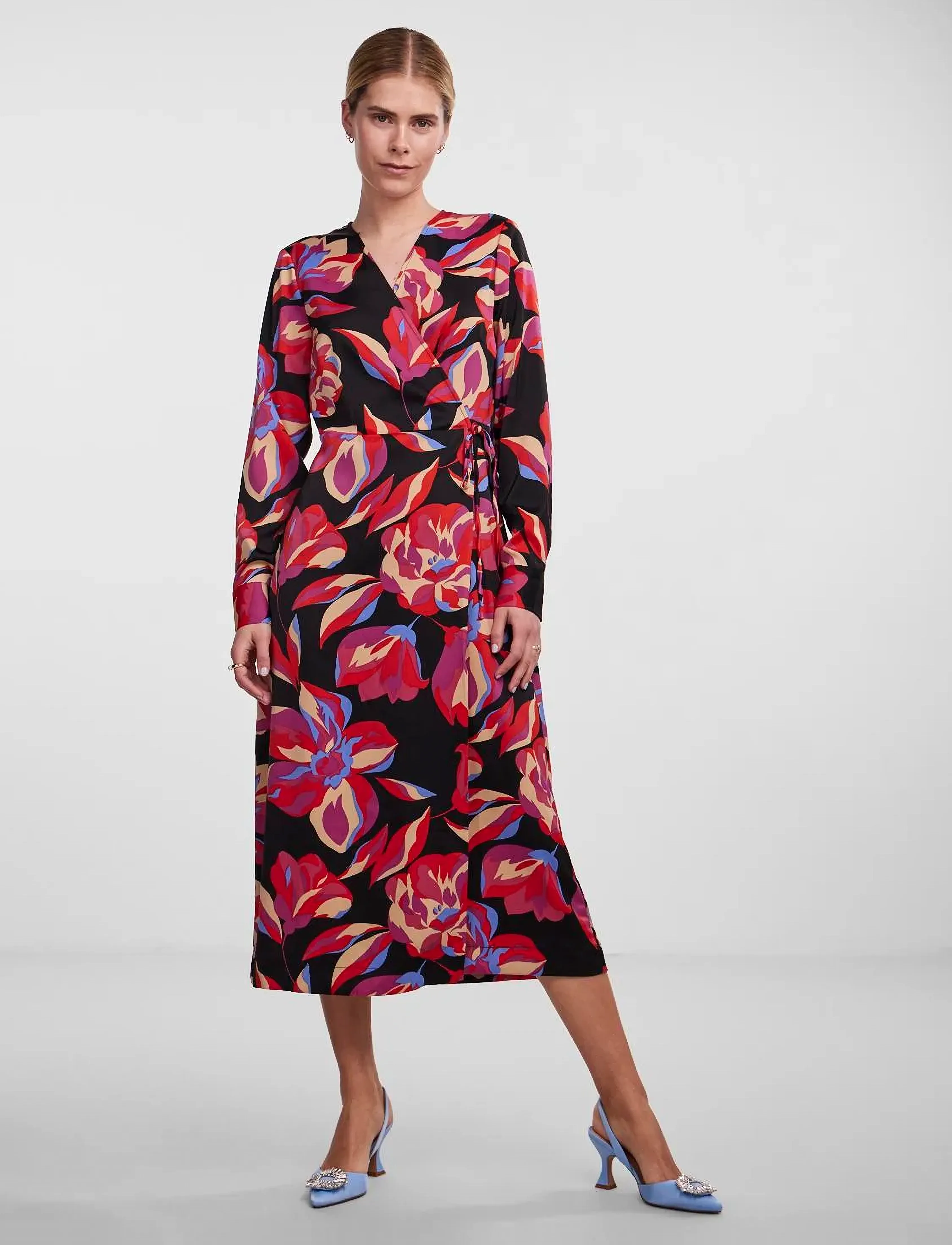 YAS Yaspella Ls Wrap Midi Dress S., XS, Black, Kjoler > Knælange Og Midi, Dame