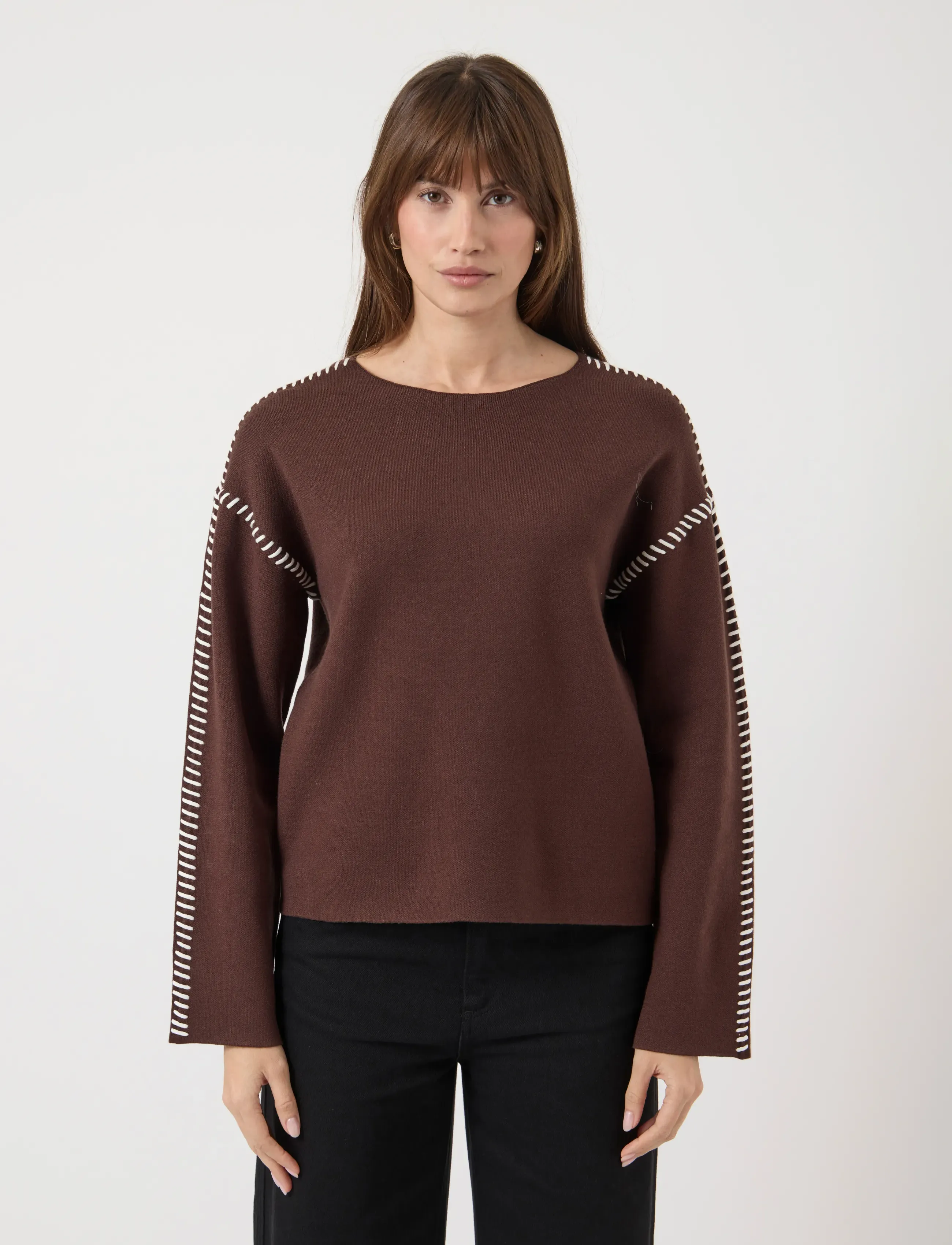 YAS stitcha Ls Knit Pullover S. Noos, Kvinder, Strikket Pullover Med Kontrastsyninger, Brun, Str: S