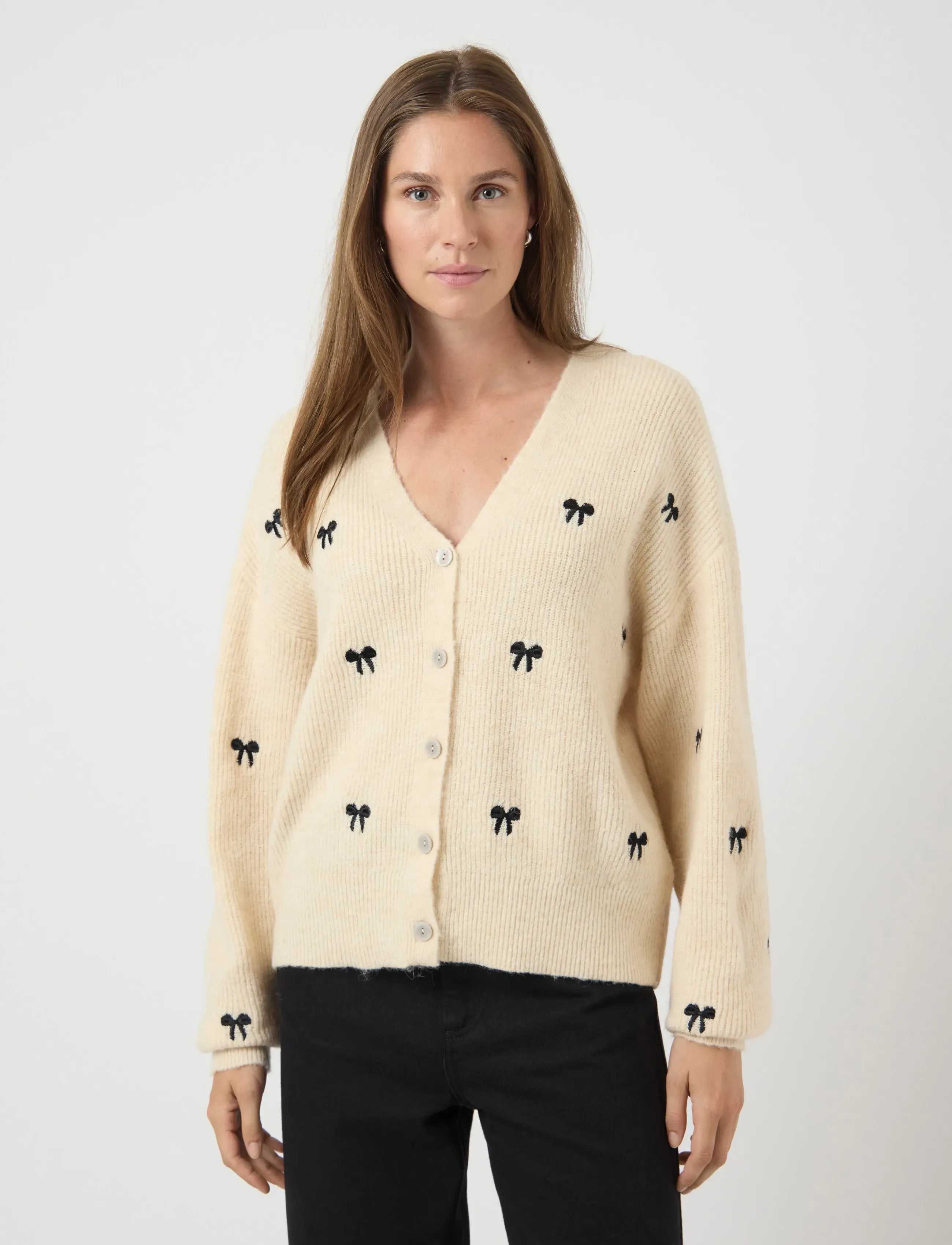 YAS bow Ls Embroided Knit Cardigan S., XS, Knitwear, Beige - Cardigans, Frauen