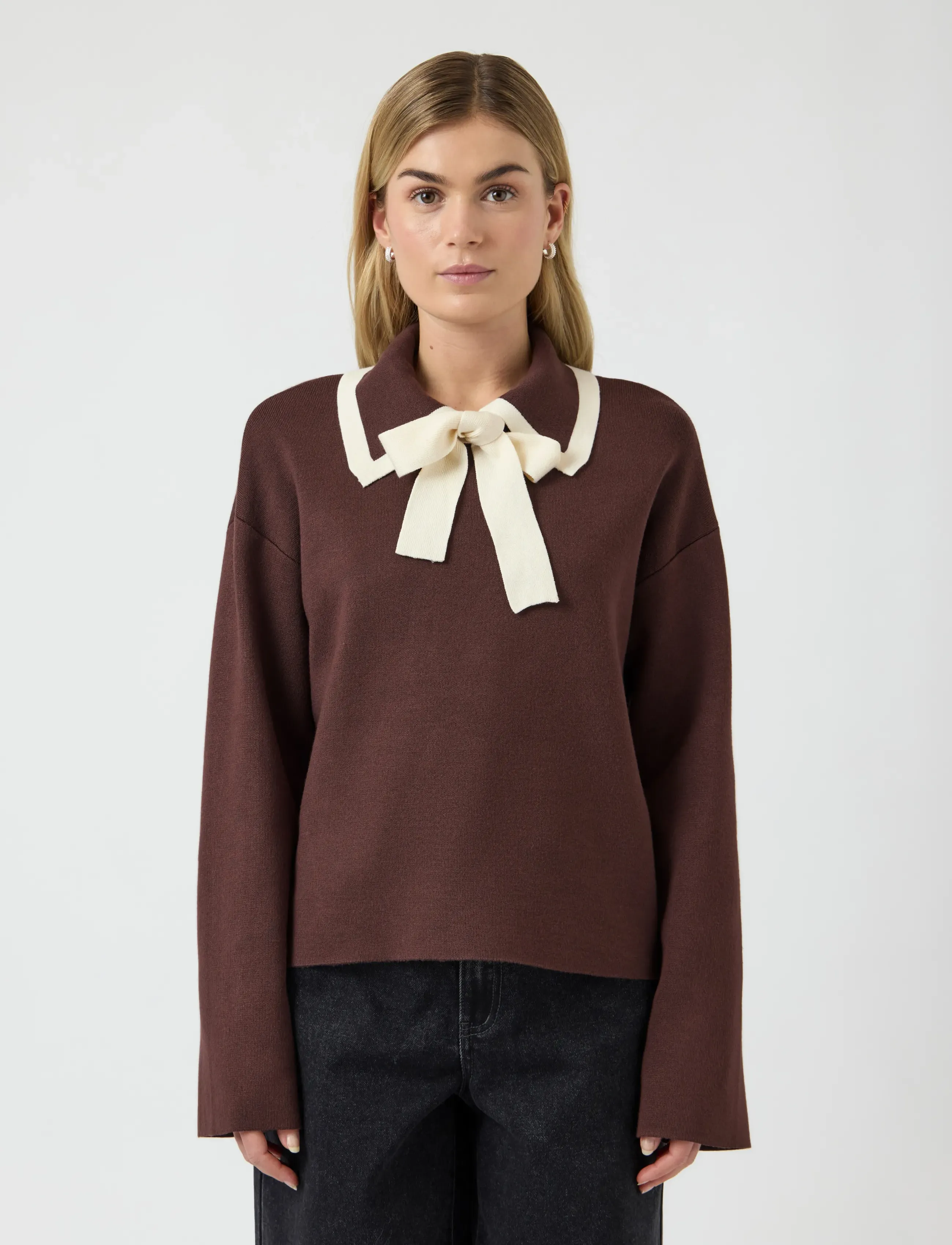 YAS Yasjosie Ls Bow Knit Top S. Noos, L, Brown, Strik > Trøjer, Dame