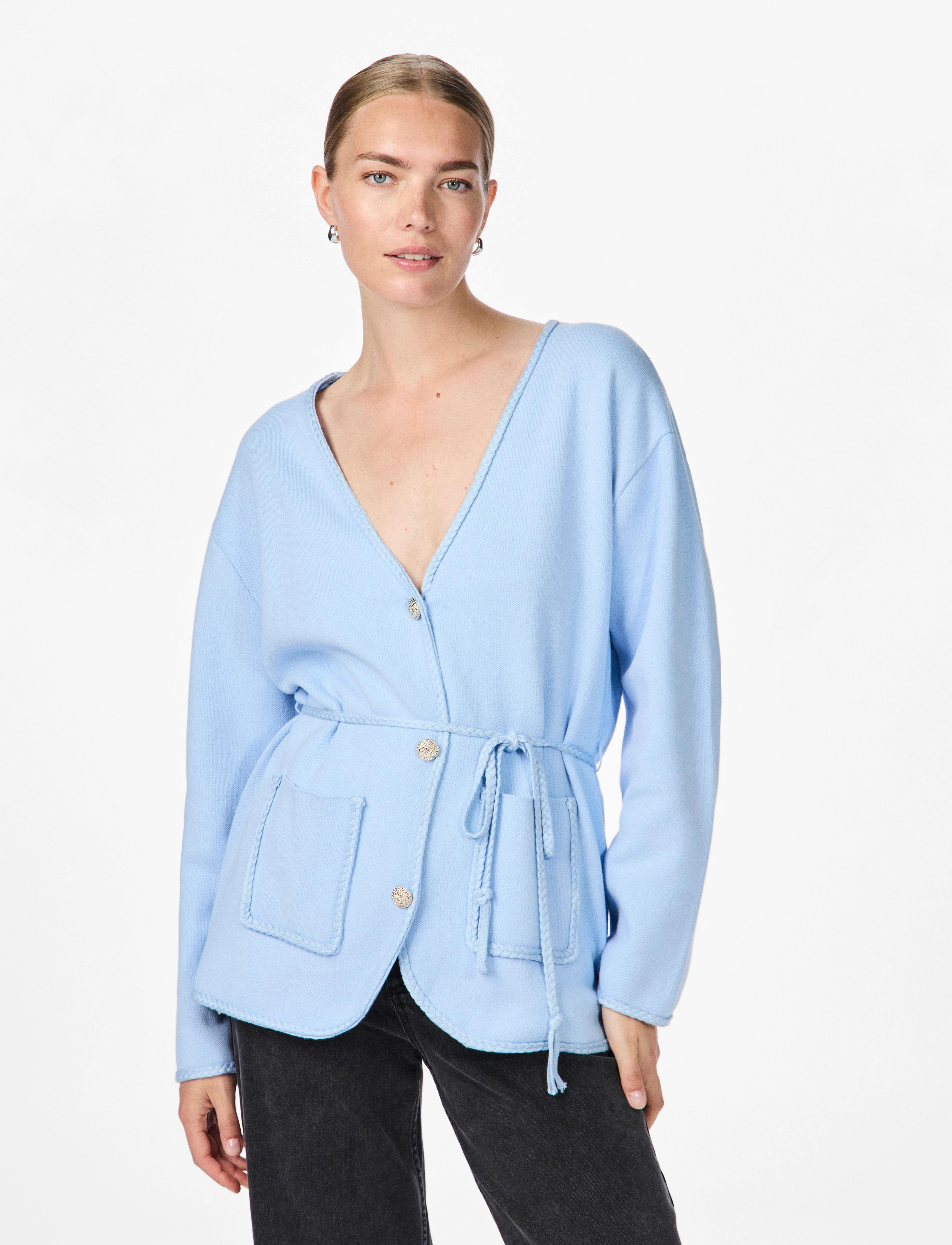 YAS brema Ls Knit Cardigan, Kvinder, Bæltet V-Hals Strikcardigan, Blå, Str: L