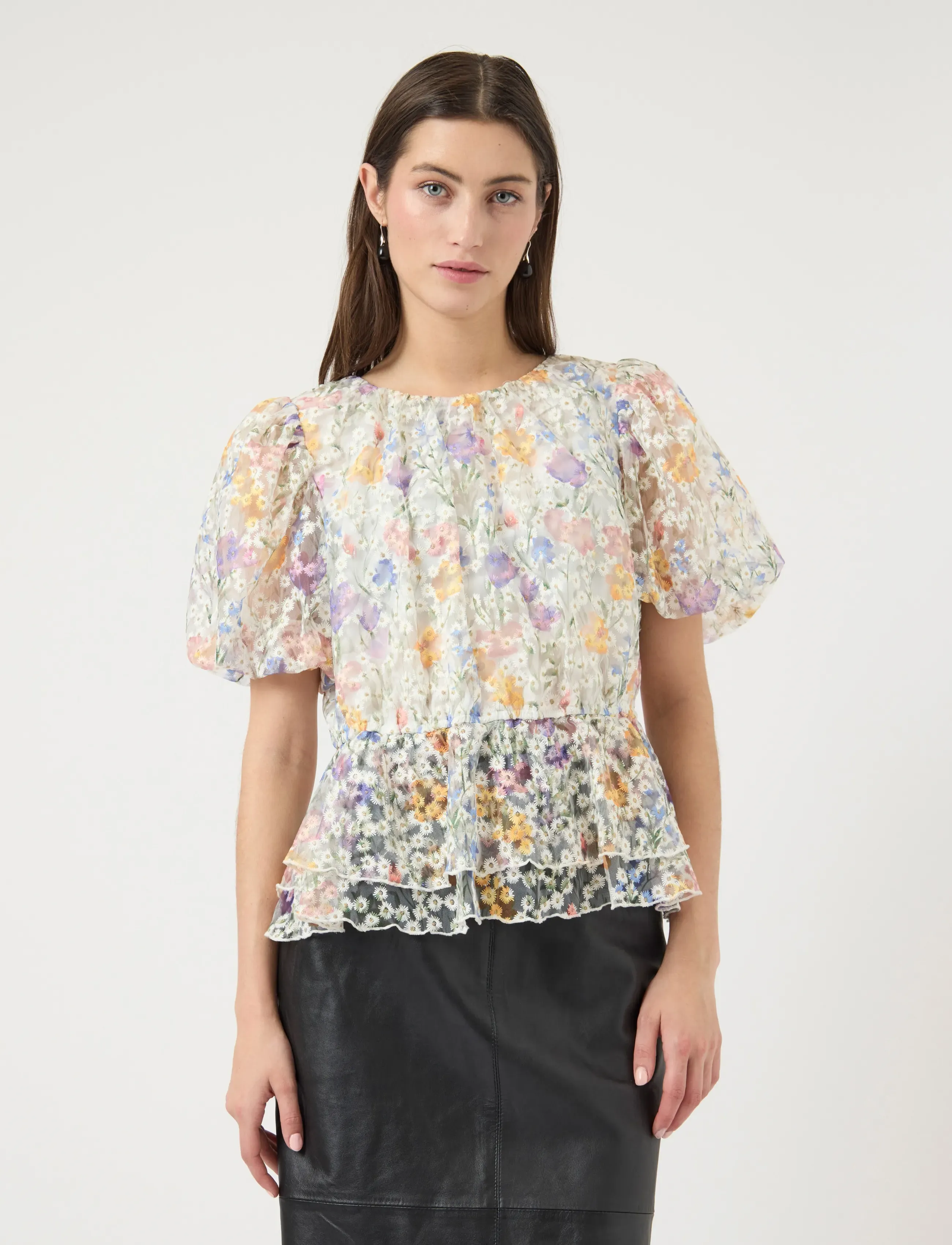 YAS leanna Ss Top S. Show, Kvinder, Blomstret Peplum Top, Cream, Str: 40