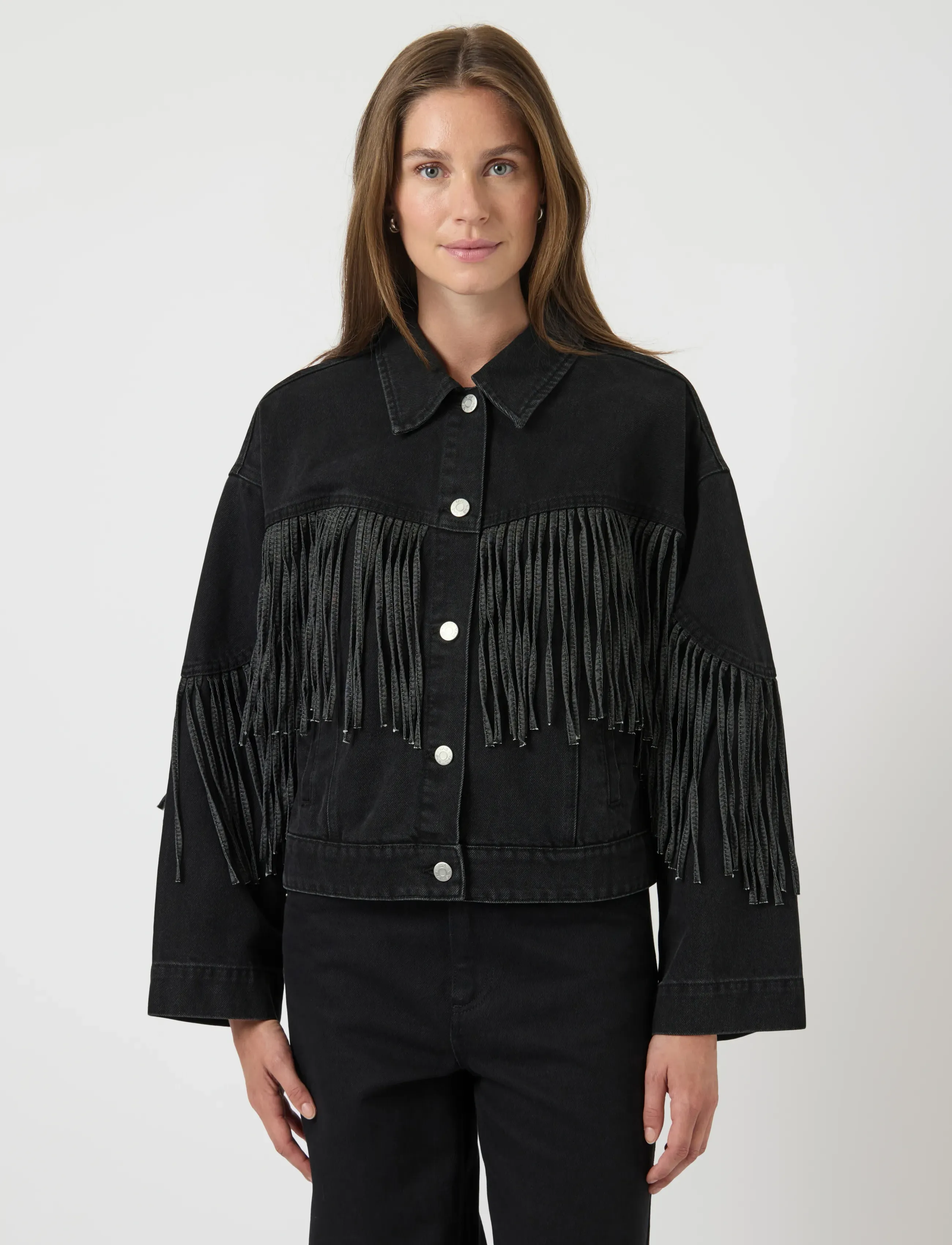 YAS YASAIKO LS DENIM FRINGE JACKET - D2D - Clothing - DARK GREY DENIM / silver