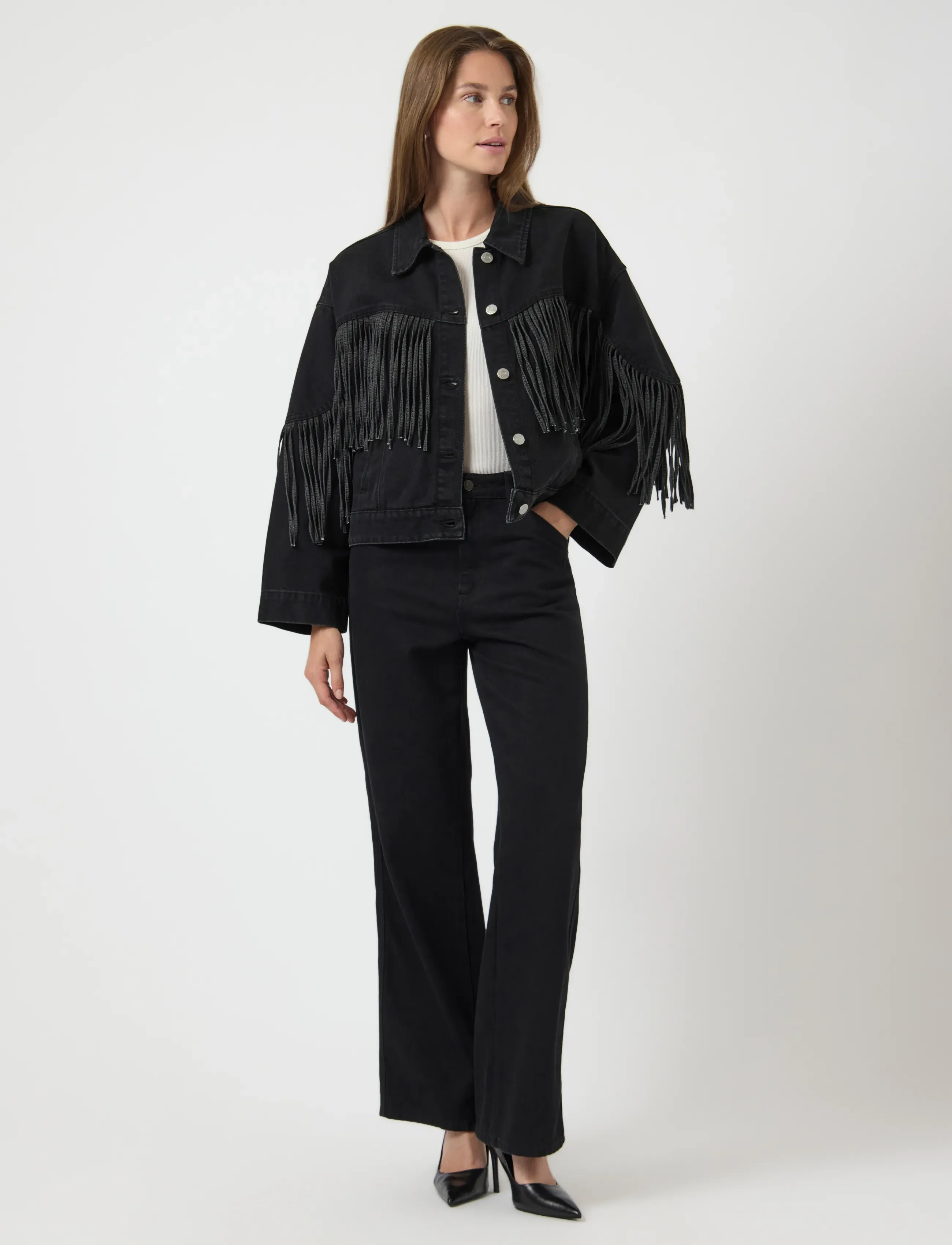 YAS - YASAIKO LS DENIM FRINGE JACKET - D2D - dark grey denim - 4