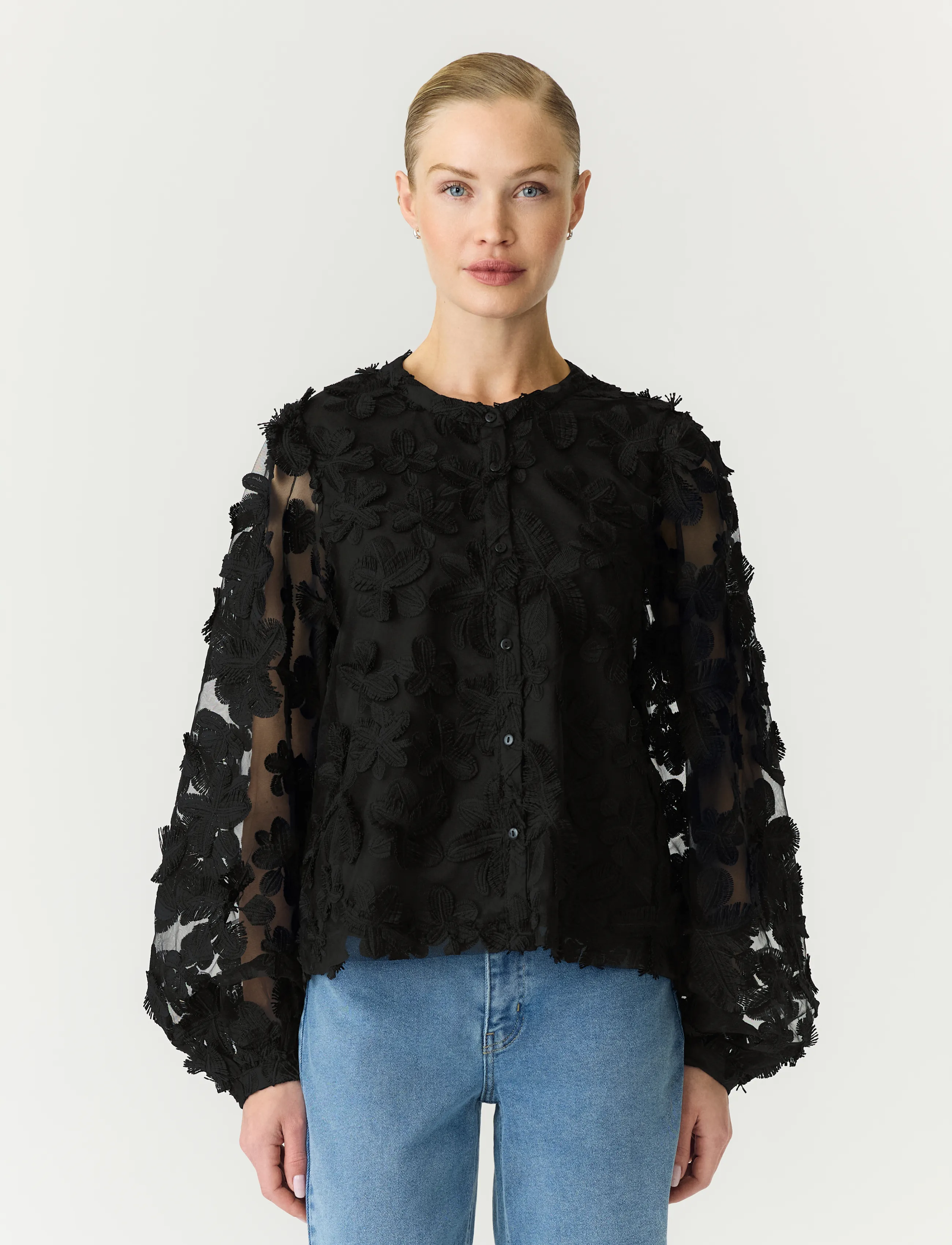 YAS karly Ls Shirt Noos, Kvinder, Broderet Skjorte, Sort, Str: 34