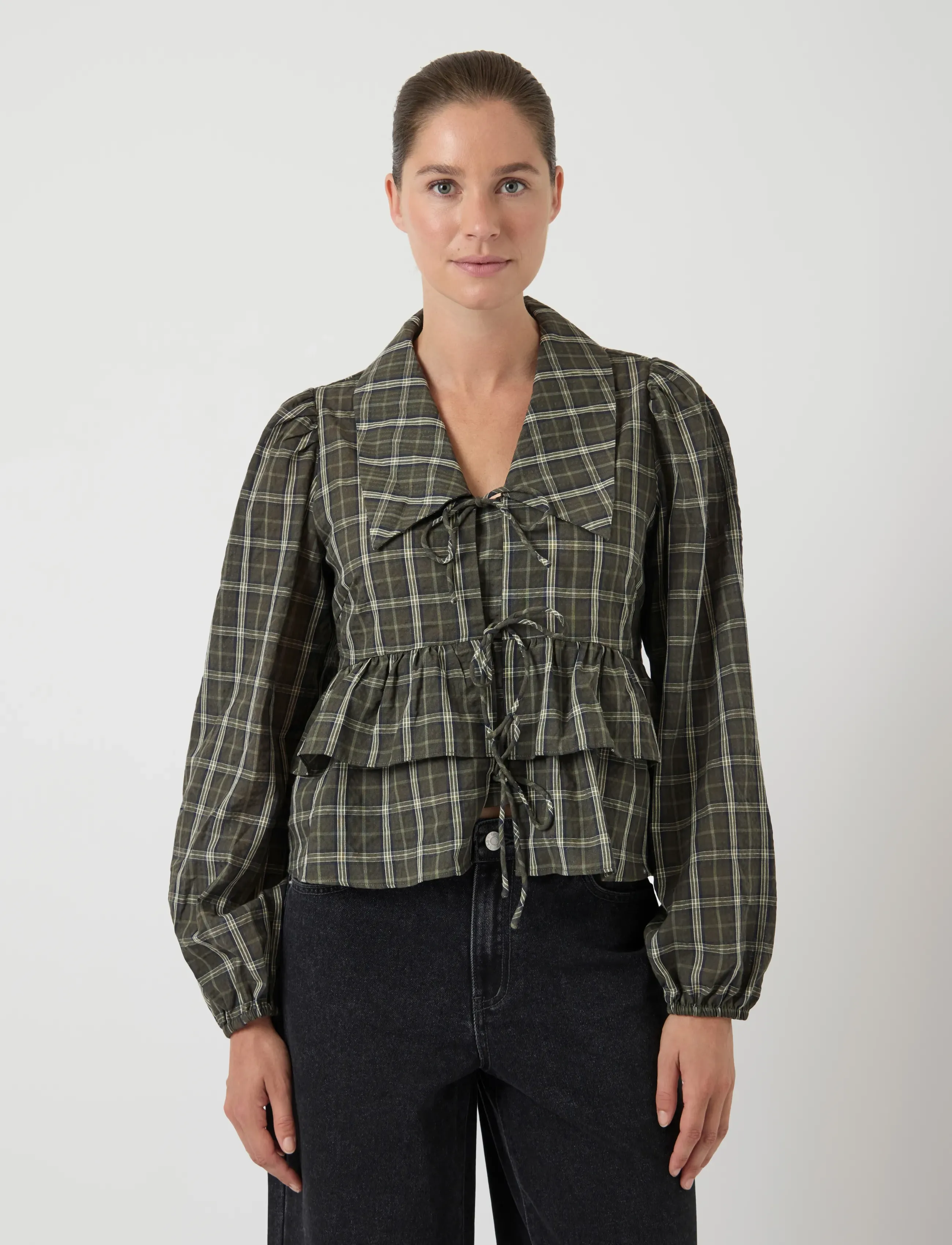 YAS cinna Ls Tie Top Ex, 40, Blouses, Khakigrün - Long-sleeved, Frauen