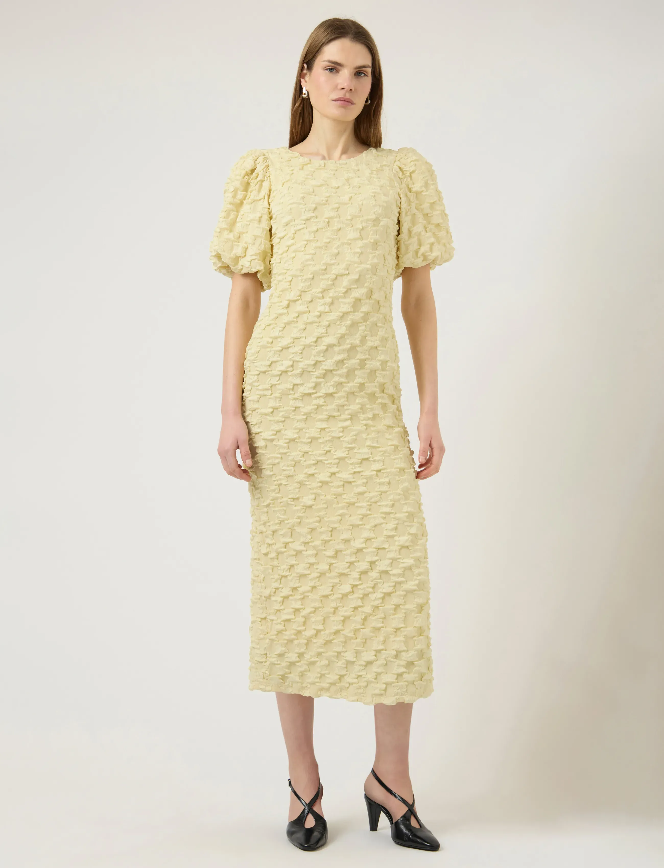 YAS miamaja 2/4 Long Dress Celeb, Kvinder, Tekstureret Puffærmet Lang Kjole, Gul, Str: 42