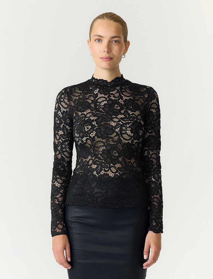 YAS - YASLACEY LS LACE TOP S. NOOS - langärmelige blusen - black - 0