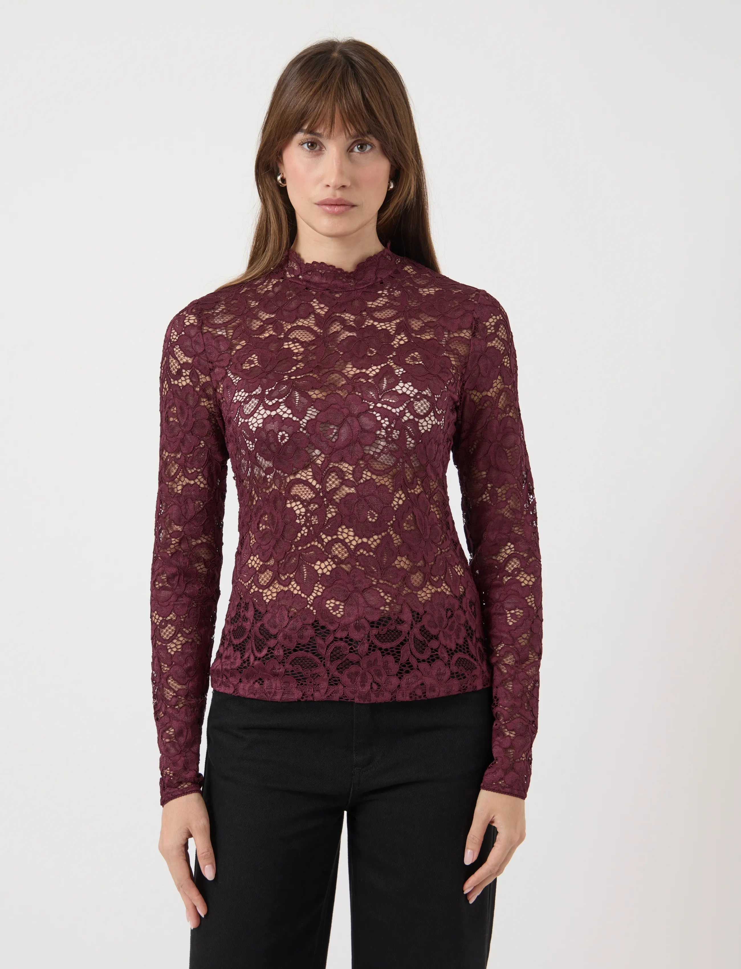 YAS lacey Ls Lace Top S. Noos, S, Blouses, Burgunderrot - Long-sleeved, Frauen