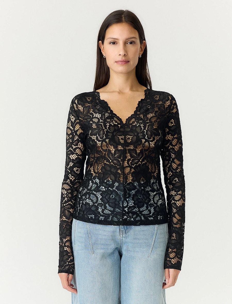 YAS - YASLACEY LS V-NECK LACE TOP S. NOOS - langärmlige tops - black - 0