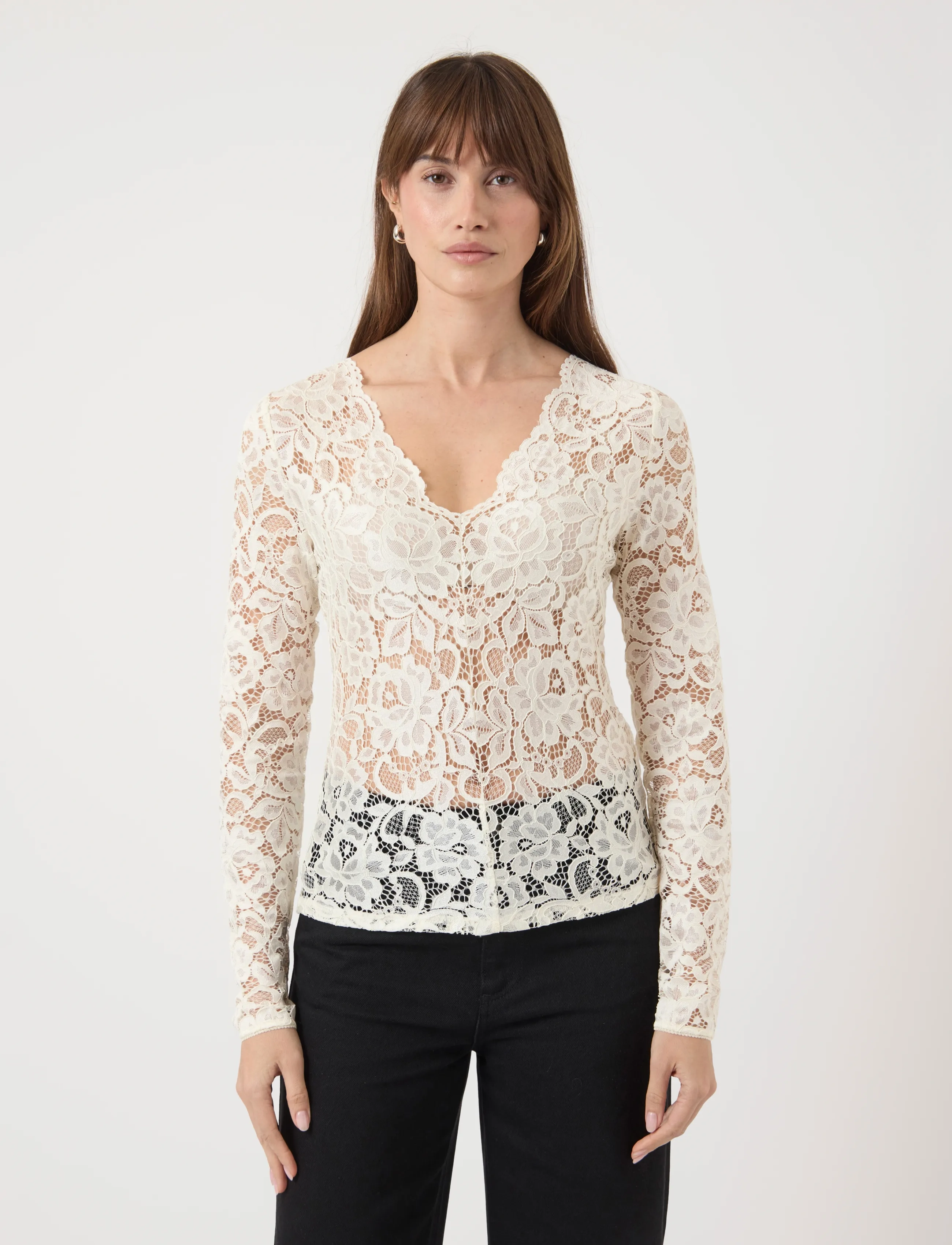 YAS YASLACEY LS V-NECK LACE TOP S. NOOS - Pikkade varrukatega alussärgid - PRISTINE / white