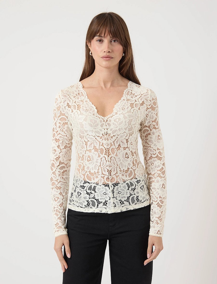 YAS - YASLACEY LS V-NECK LACE TOP S. NOOS - langärmlige tops - pristine - 0