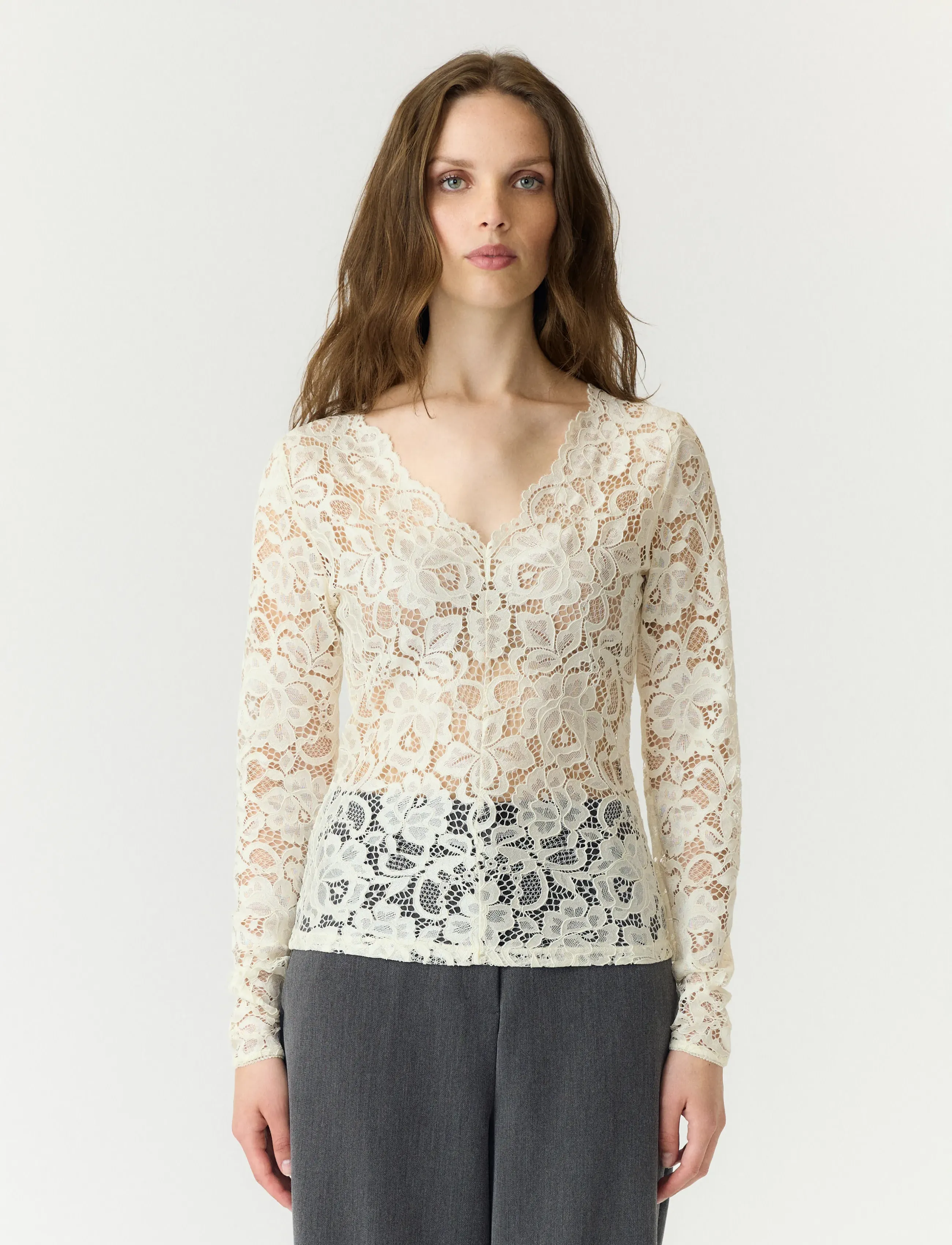 YAS YASLACEY LS V-NECK LACE TOP S. NOOS - YAS - PRISTINE / white