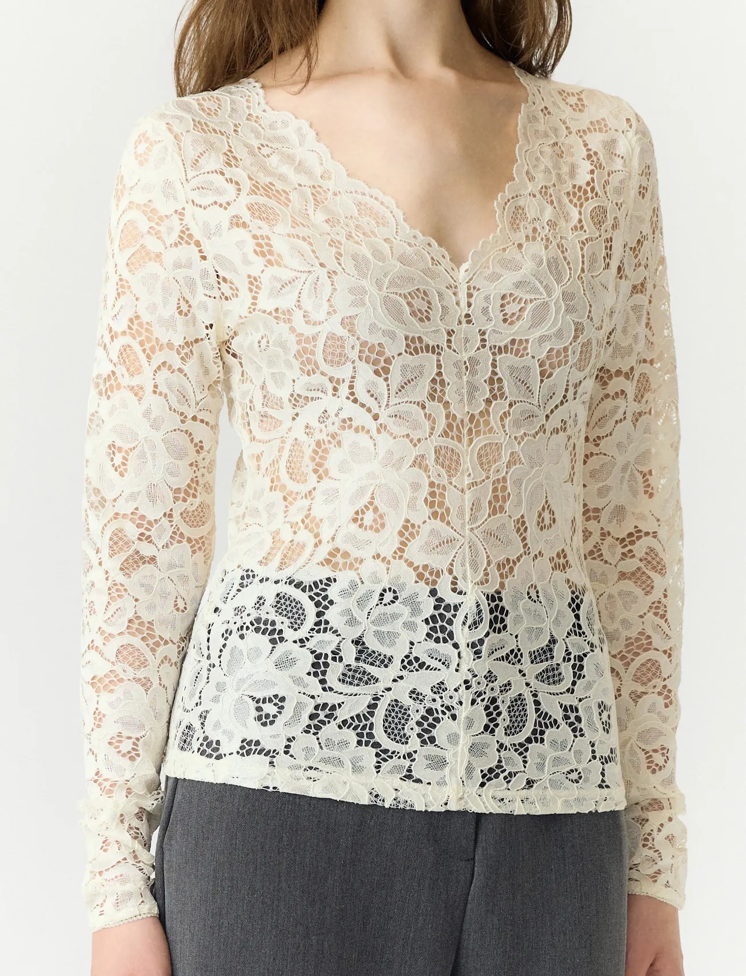 YAS - YASLACEY LS V-NECK LACE TOP S. NOOS - long-sleeved tops - pristine - 5