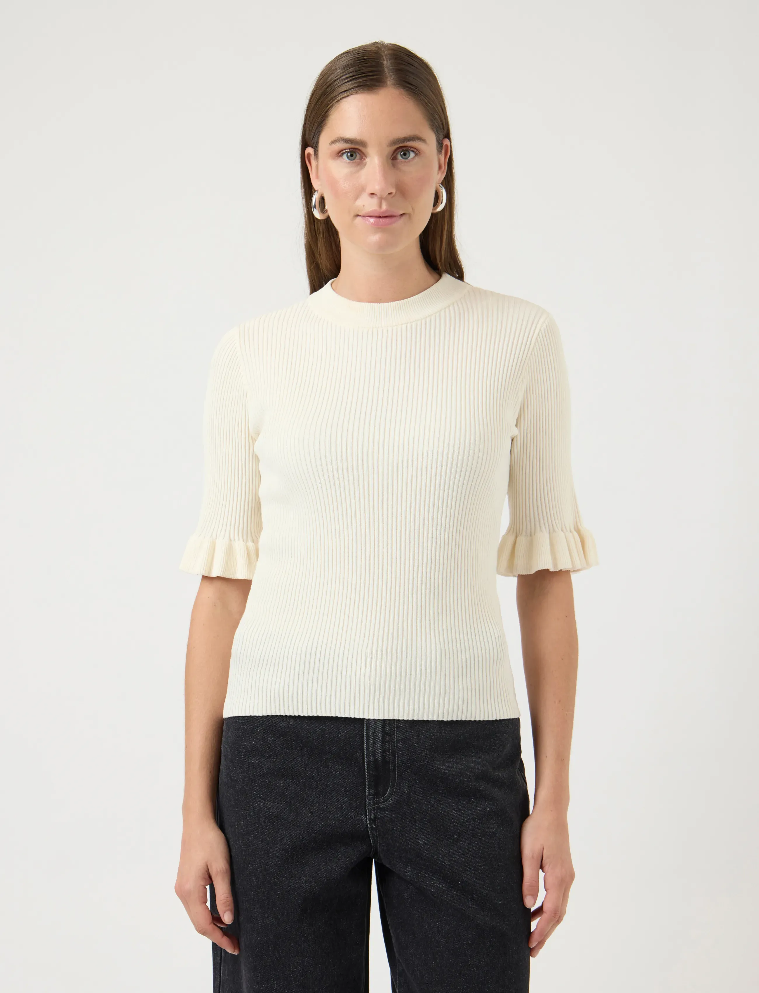 YAS mikla Ss Knit Top S. Noos, Kvinder, Ribstrikket Rullekrave Strikketop med Flæseærmer, Cream, Str: M